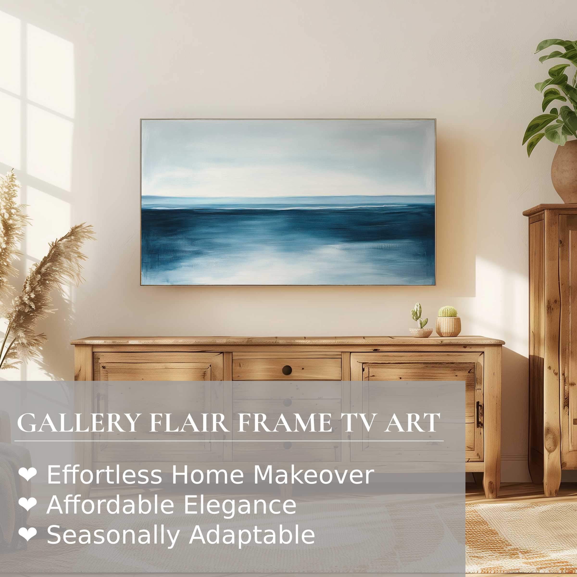 Elegant coastal modern digital artwork displayed on Samsung Frame TV in warm, natural-toned refined living space
