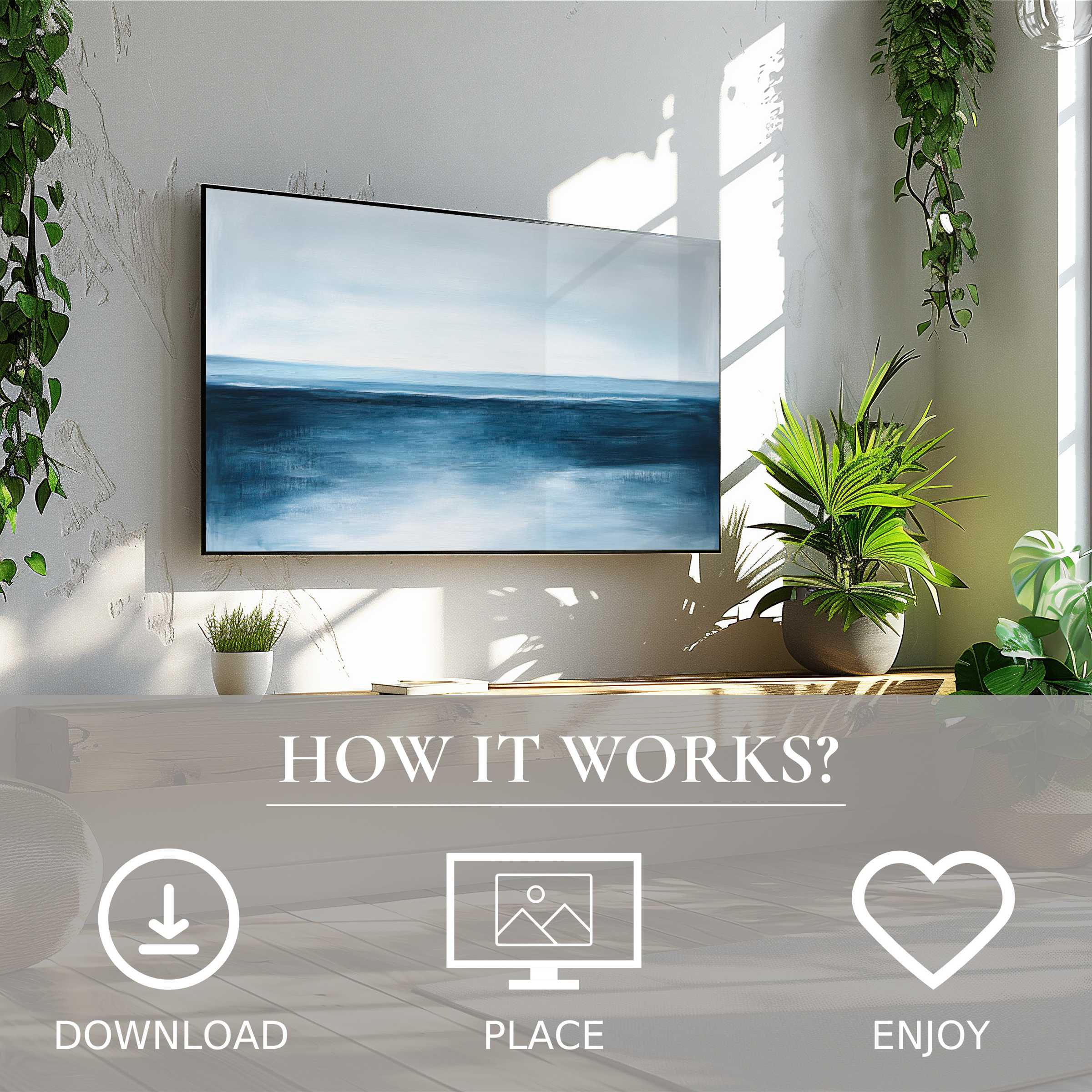 Modern art for Samsung TV shows soft blue ocean waves, easy digital download enriches sleek, plant-filled living spaces