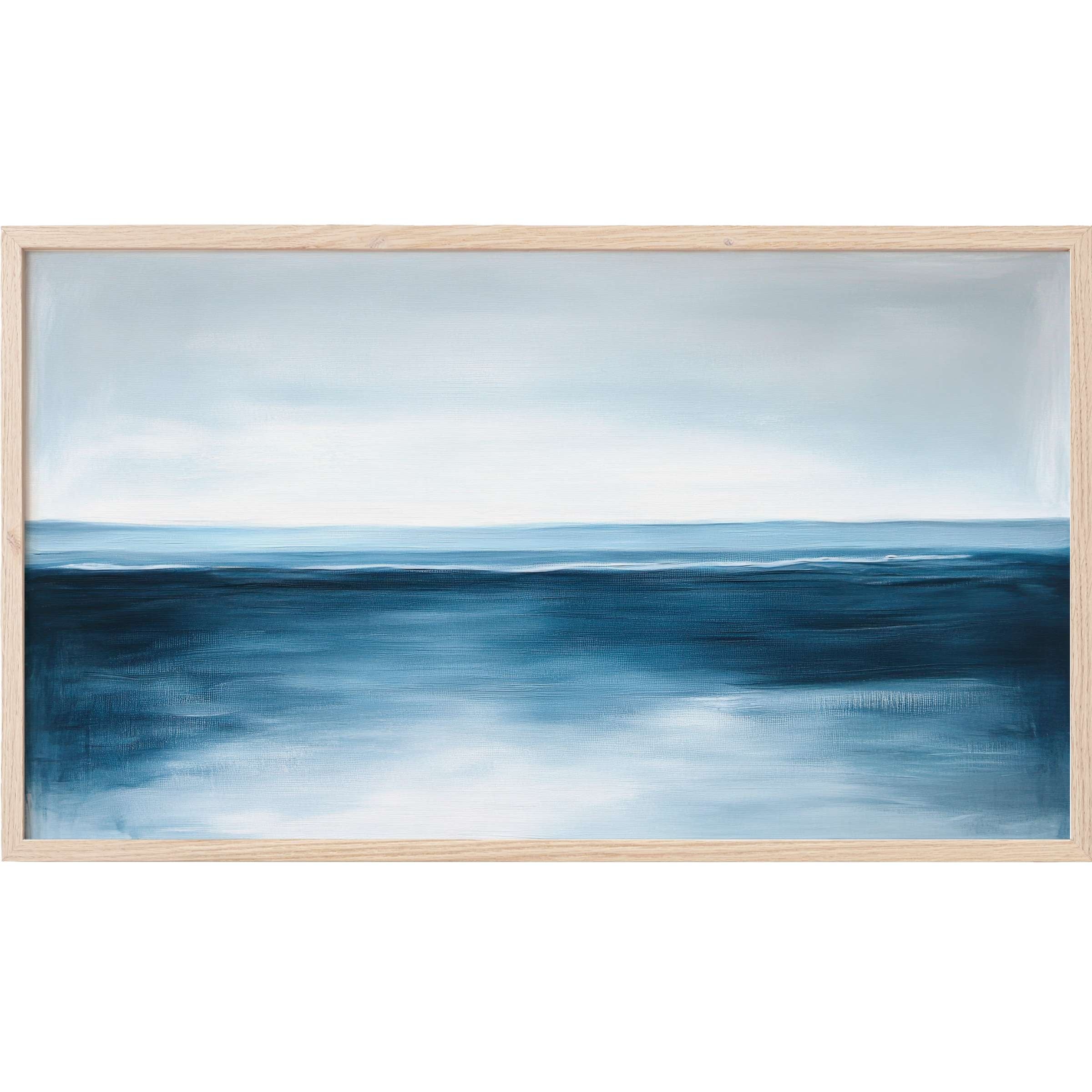 Serene abstract seascape in soft blues and grays with natural wood frame, a refined modern Frame TV Art piece