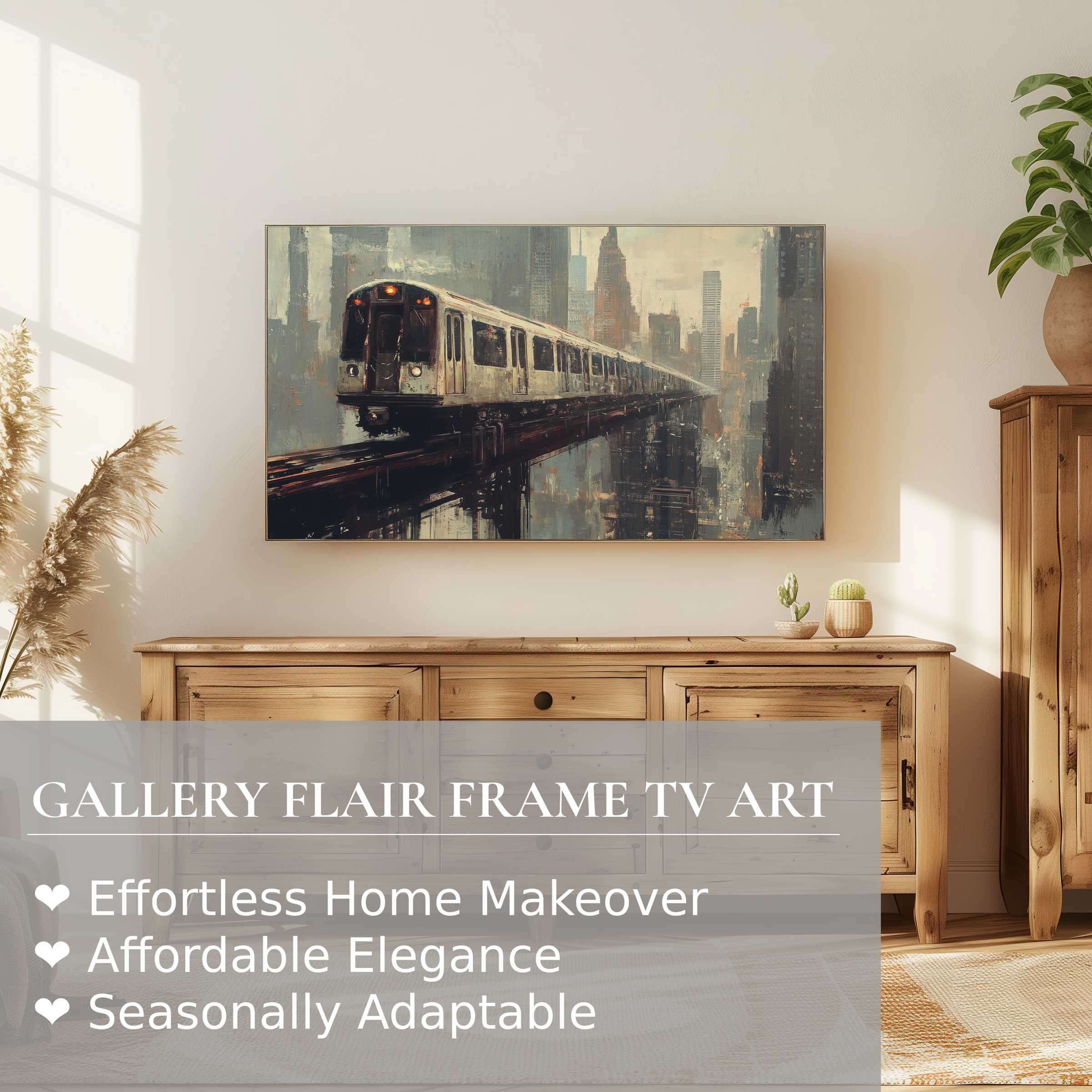 Samsung Frame TV displaying urban digital artwork of a moody cityscape with elevated train, modern elegance