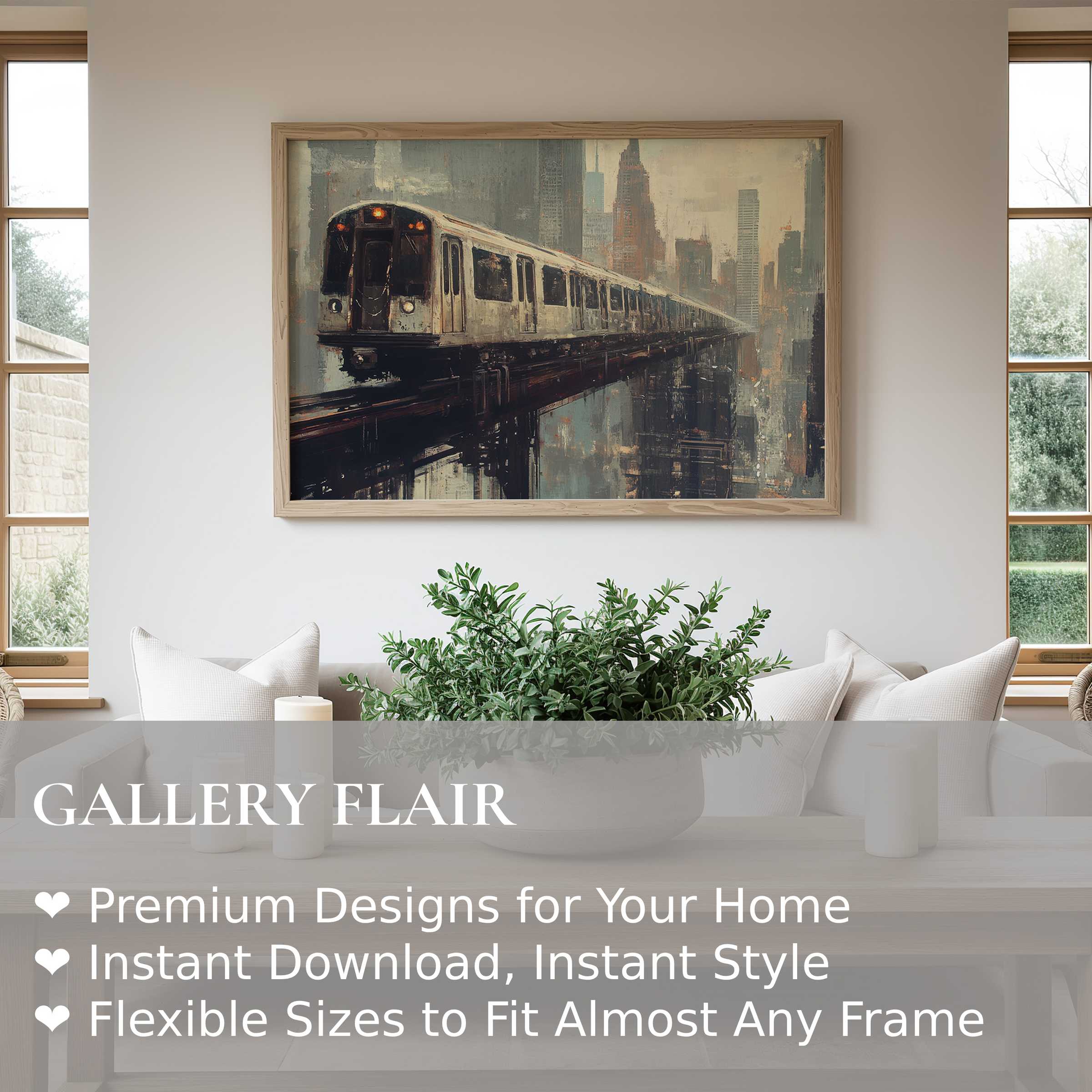 Urban art wall art print showcasing a moody cityscape with a train, infusing bold, industrial charm into serene modern living spaces