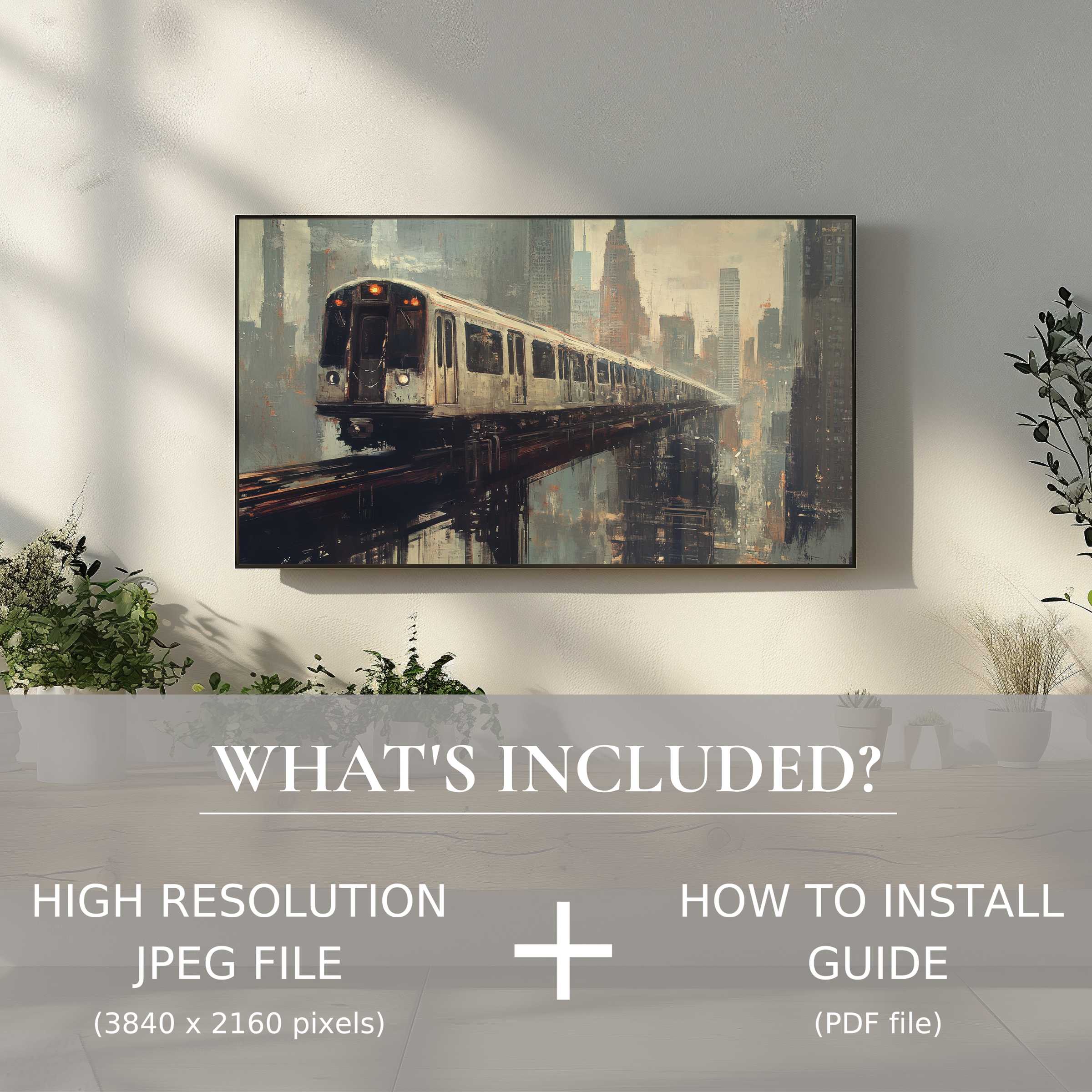 Elegant urban digital TV art download of cityscape train enhances modern living space with easy high-res digital use