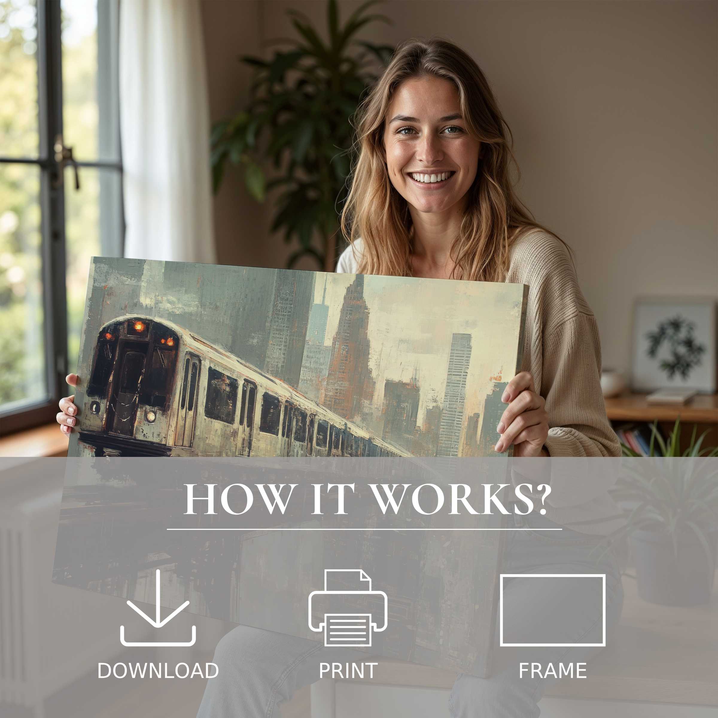 A radiant moment of connection and joy as a woman reveals an urban digital art print, blending cityscape hues with modern ease for elegant home transformation