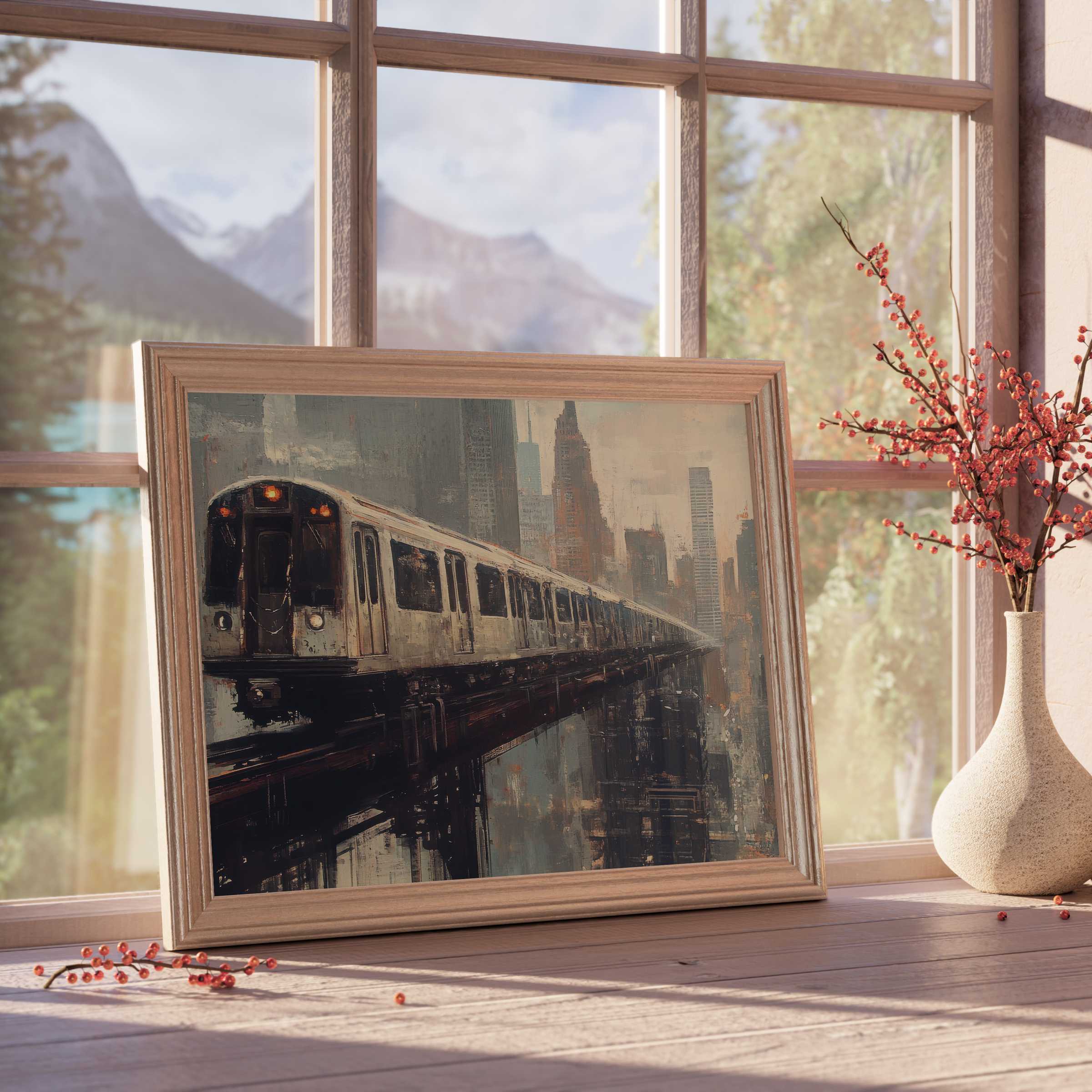 Urban downloadable art capturing a moody cityscape with a sleek train, perfect for curated, tranquil, design-forward interiors