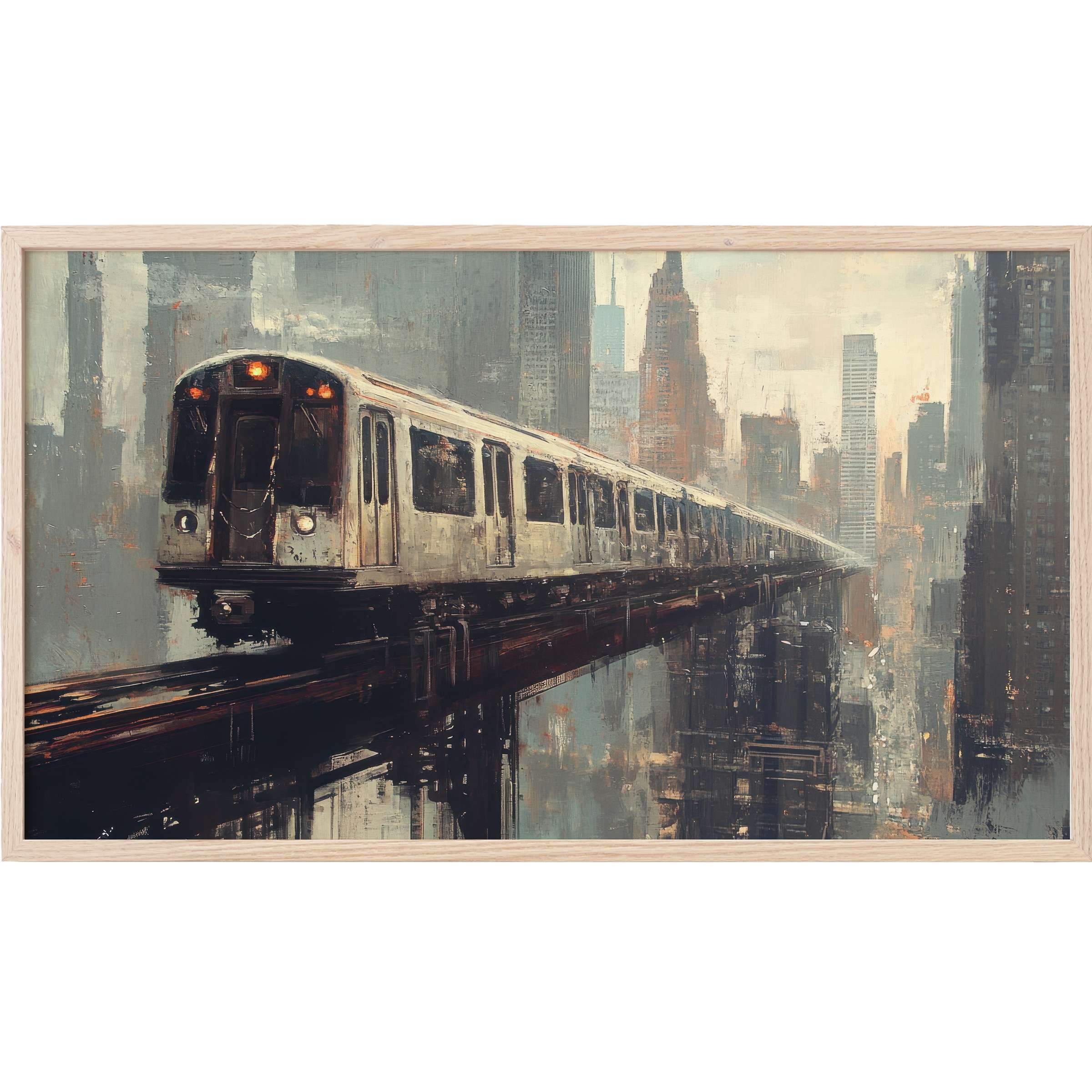 Urban Frame TV Art showcasing a moody cityscape with a silver train in muted grays and rust tones