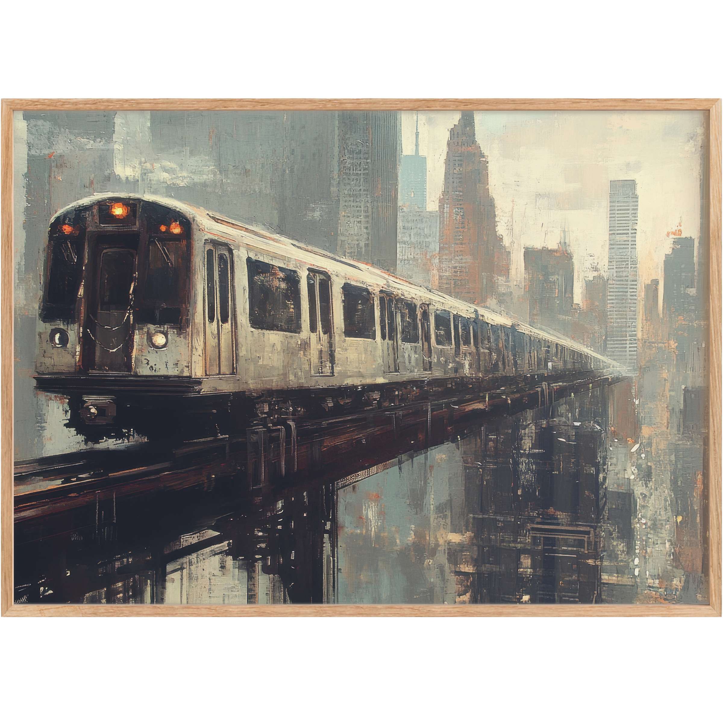 Urban printable wall art capturing a moody cityscape with a sleek train, blending muted grays and warm amber for dynamic sophistication