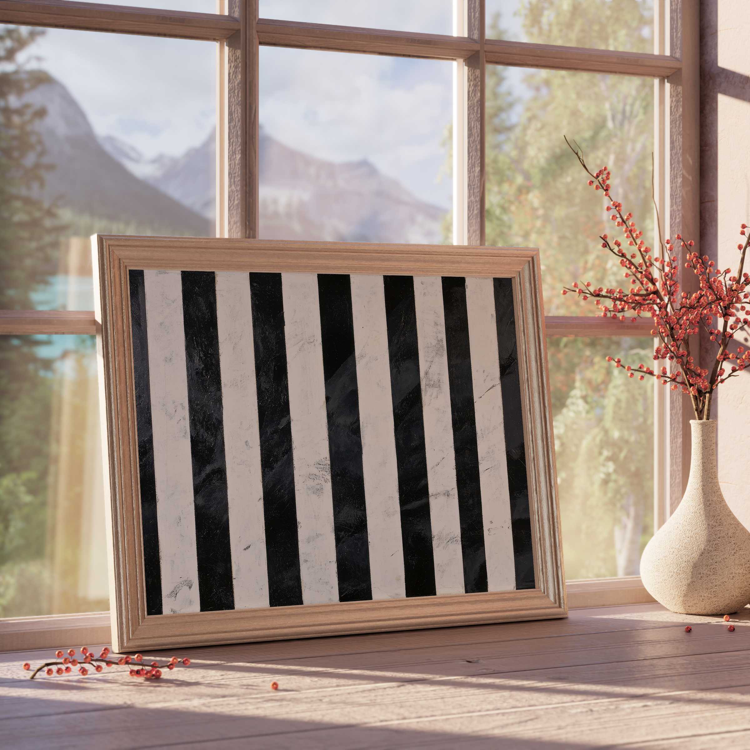 Neutral downloadable art with bold black-and-white stripes framed in warm wood, elevating chic, calm, and curated interiors