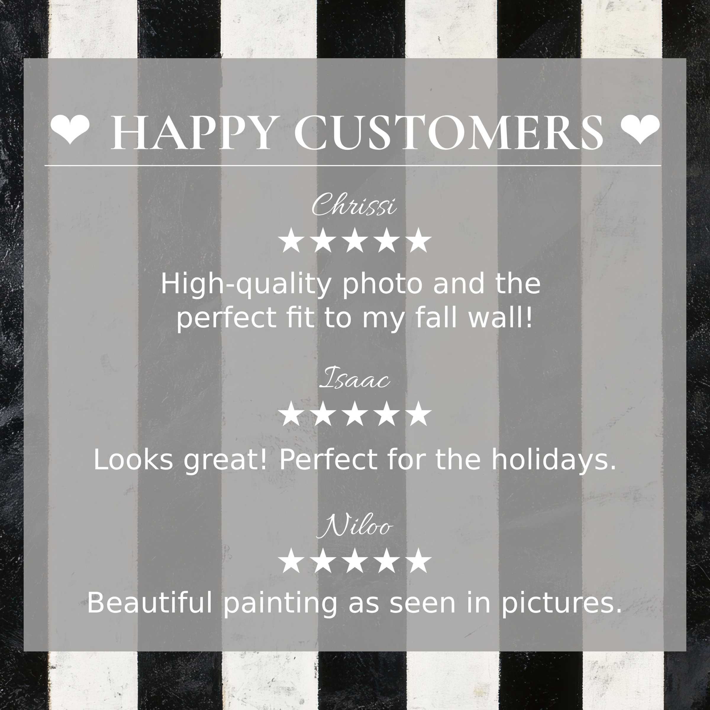 Neutral art for Frame TV with abstract black and white stripes, showcasing happy customer reviews and refined trust