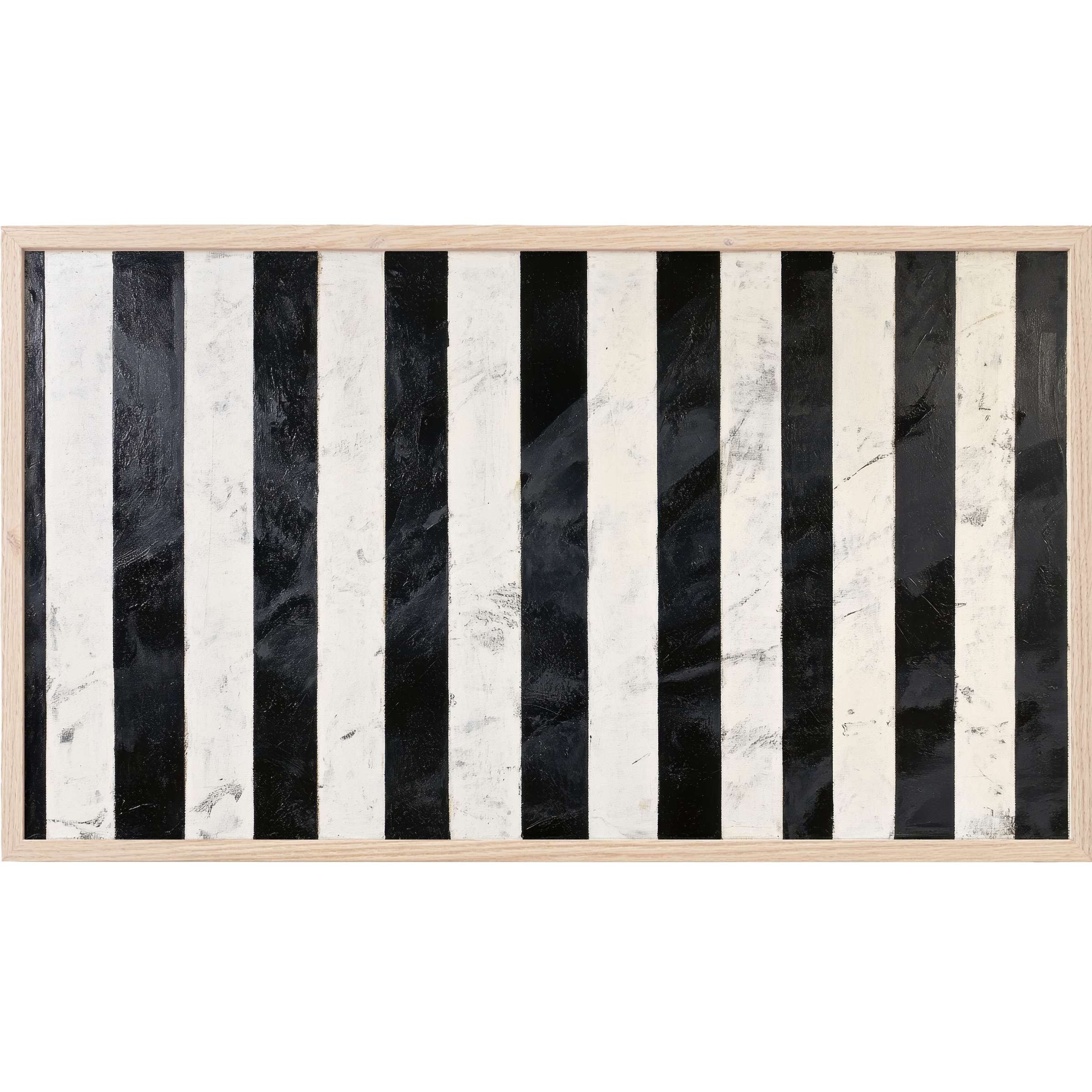 Bold black and white vertical stripes with textured brushstrokes in a sleek wood frame, perfect neutral Frame TV Art