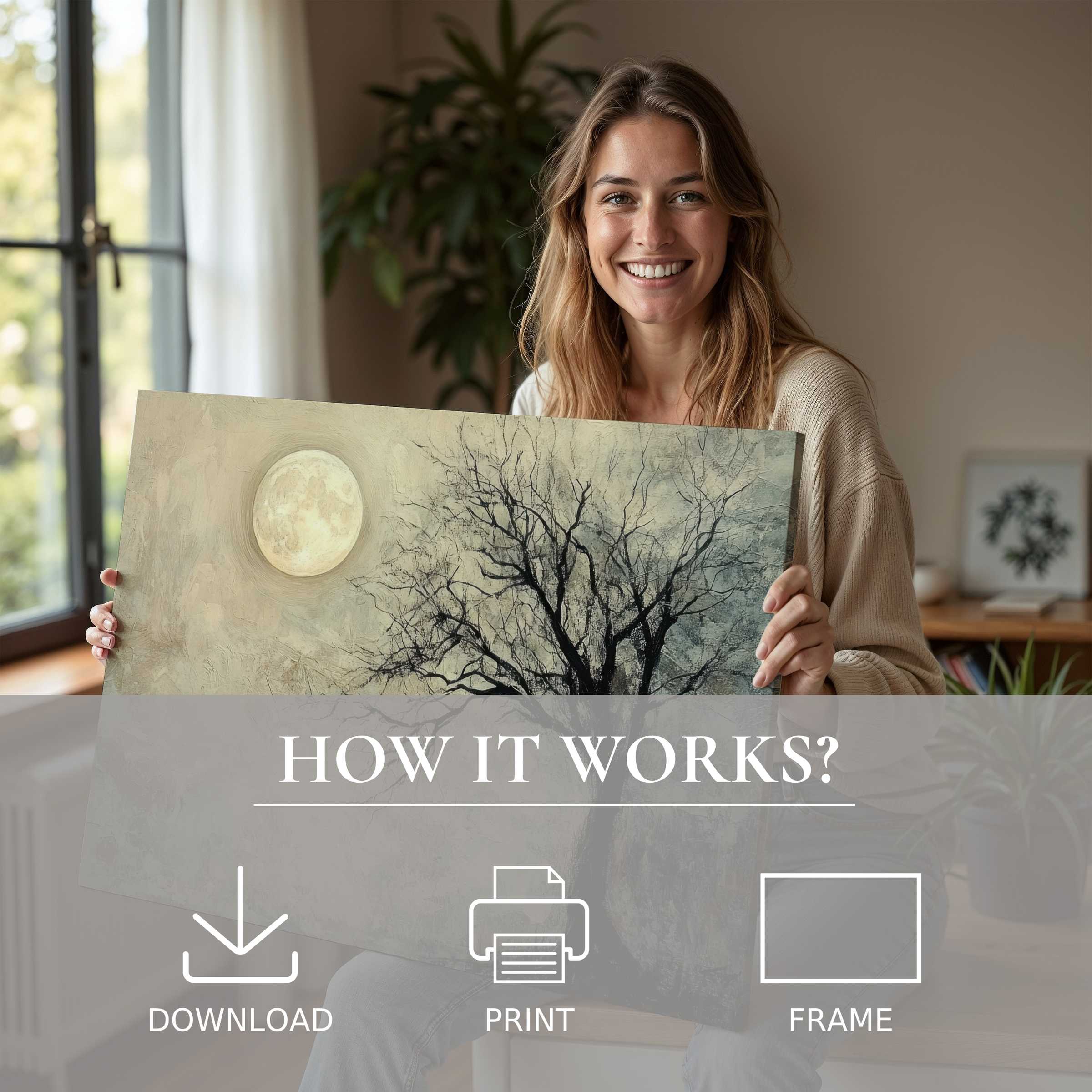 Radiant joy illuminates a modern home as a woman embraces a tree digital art print, embodying serene beauty and effortless style