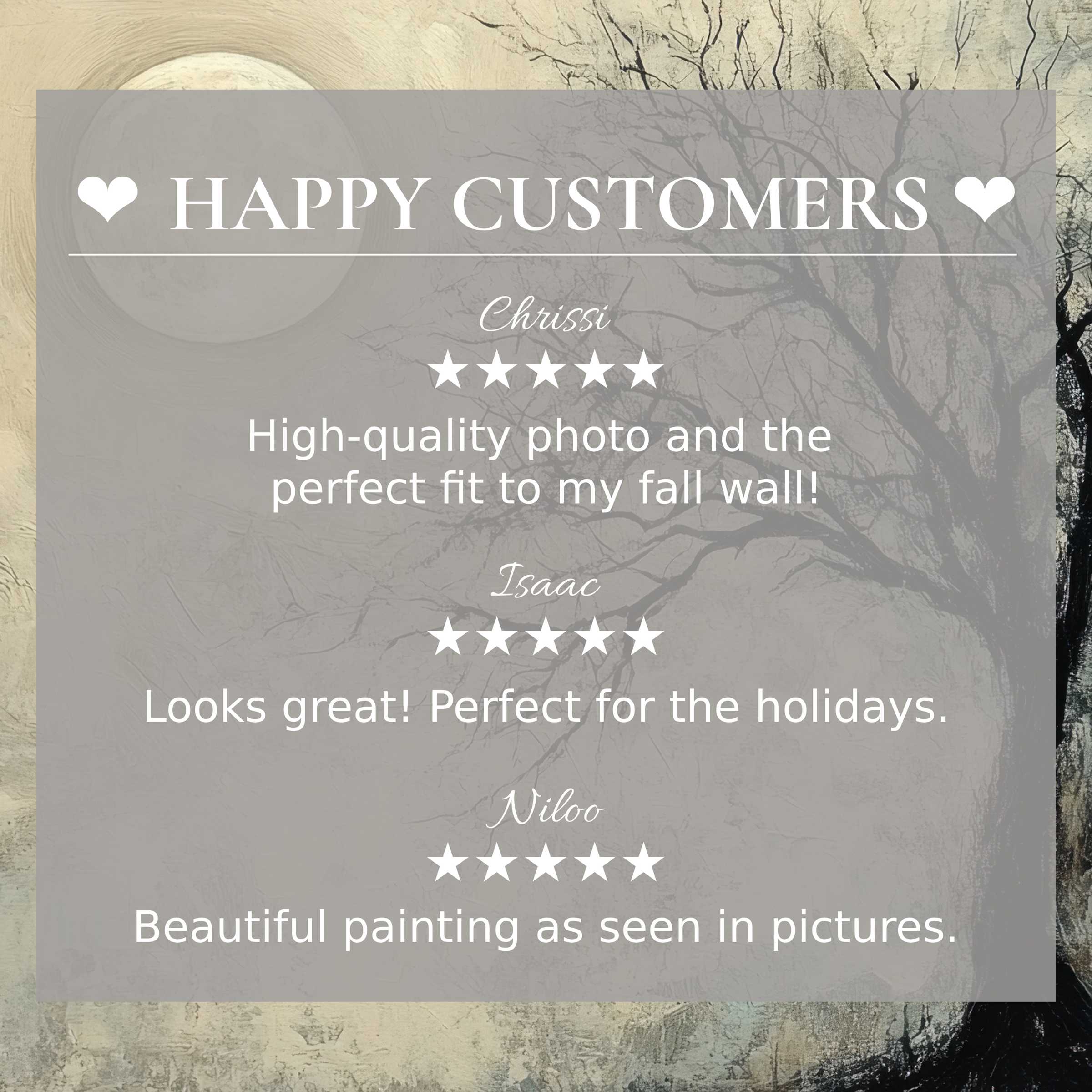 Trees art for Frame TV with abstract sunset hues; happy customer reviews enhance trust and stylish, elegant appeal