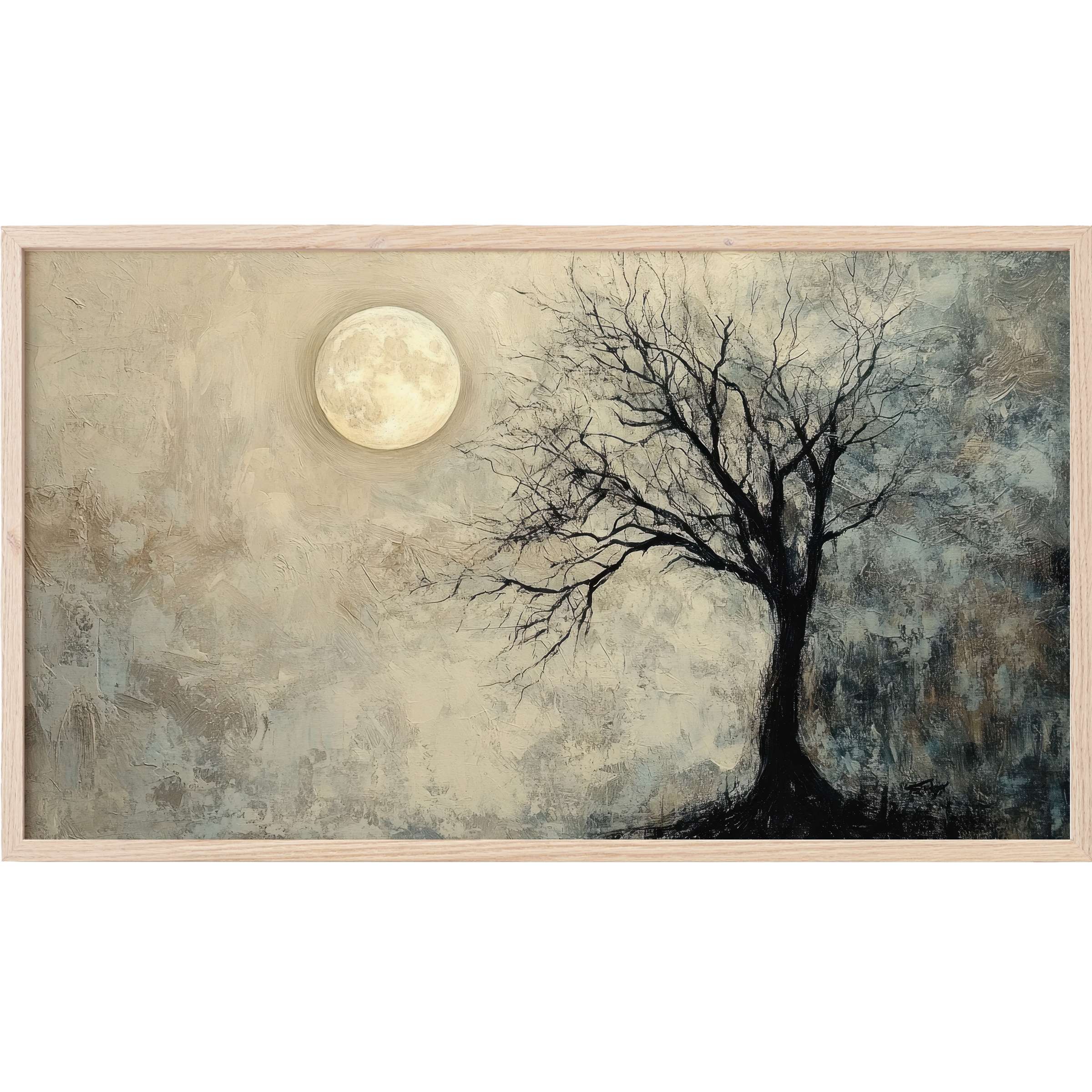 Moody tree Frame TV Art with textured moonlit sky in muted beige, gray, and black tones, exuding elegant modern sophistication