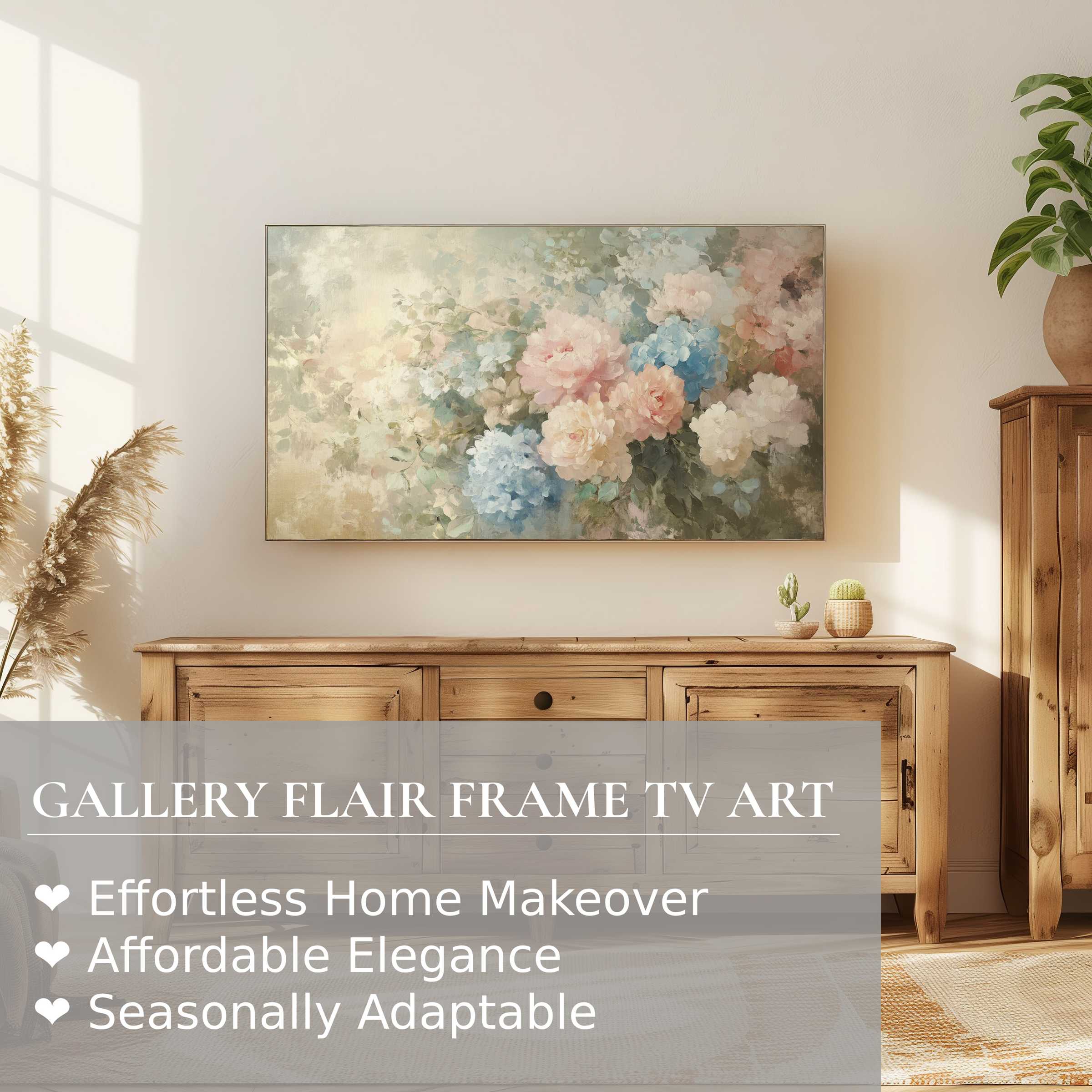 Samsung Frame TV displays elegant floral digital artwork in a serene, sunlit room with rustic wooden décor