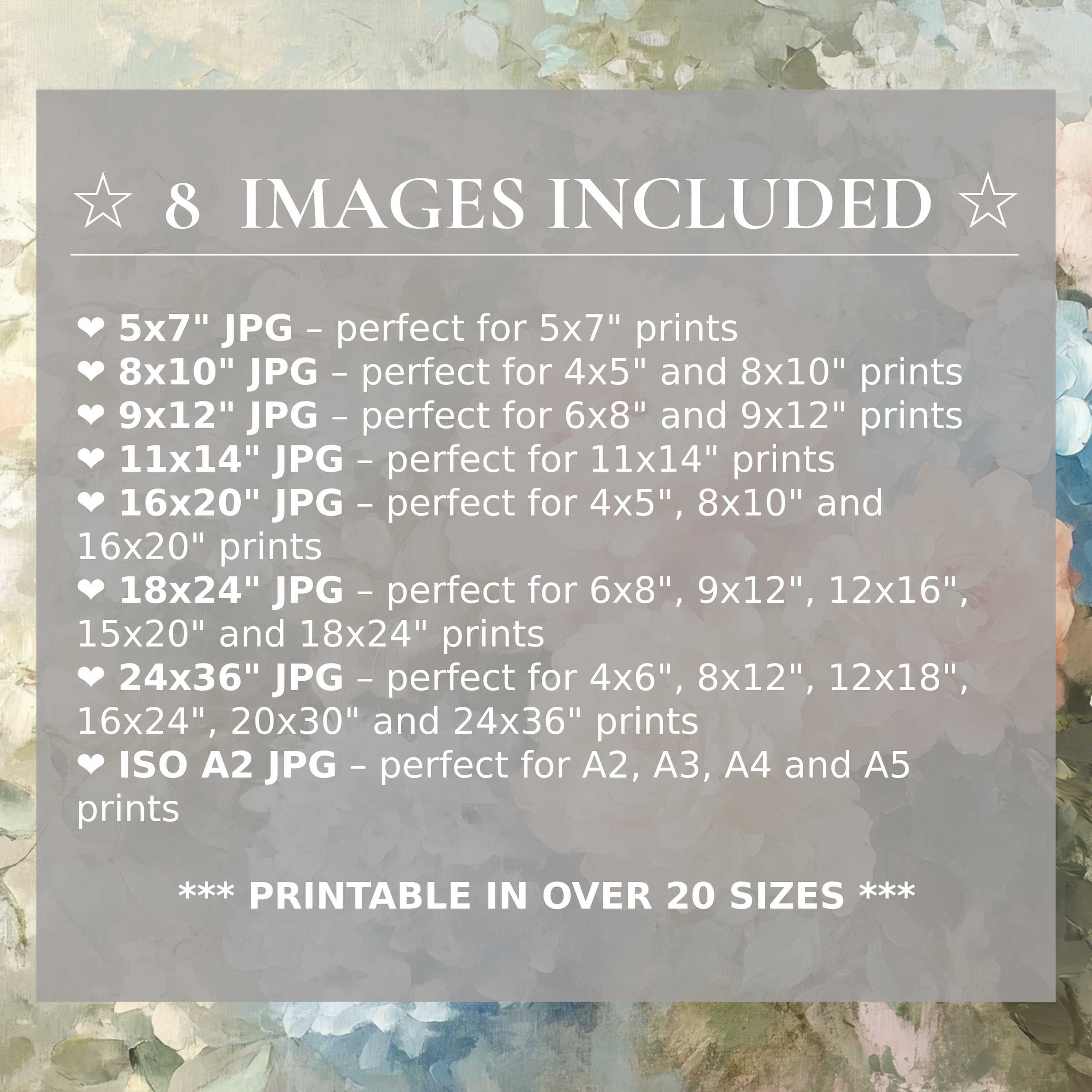 Floral digital print in soft blues, greens, and creams exudes calm radiance; includes 8 high-quality sizes, perfect for elevating modern interiors