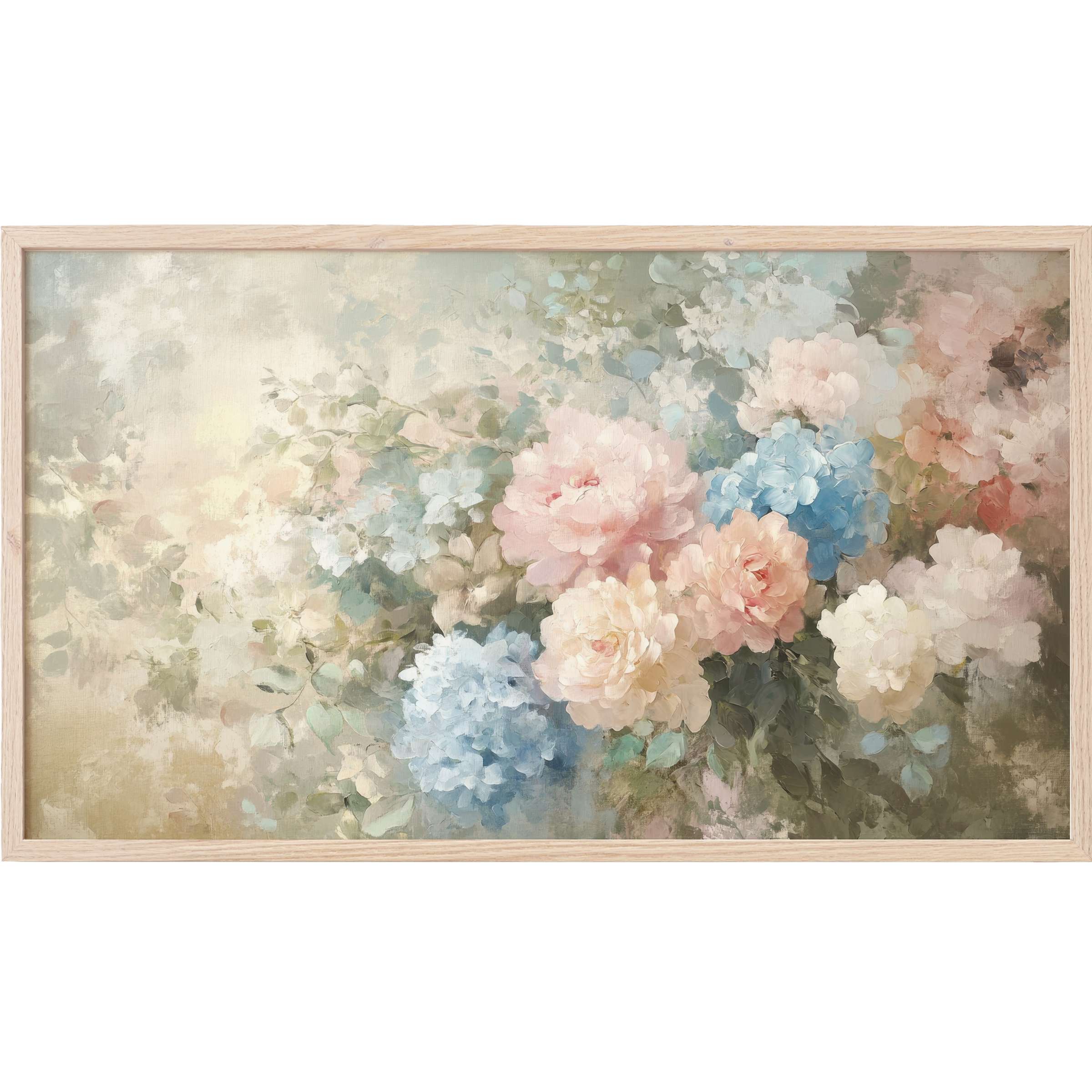 Floral Frame TV Art with soft pastels and delicate brushstrokes, blending blues, pinks, and creams in a modern floral haze