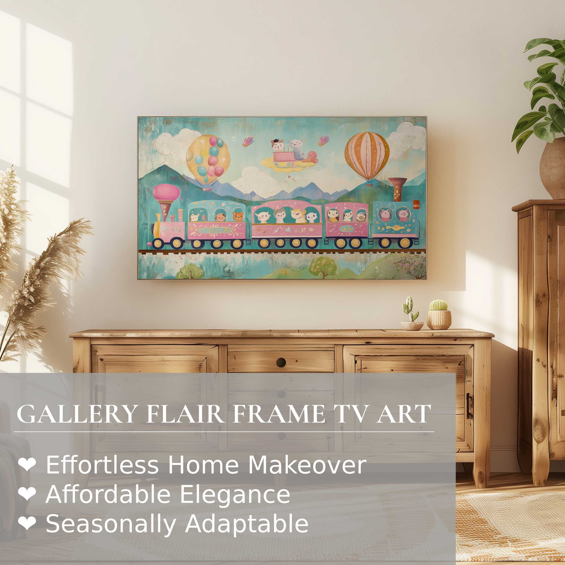 Modern nursery digital artwork on Samsung Frame TV, showcasing whimsical train scene in elegant, sunlit home setting