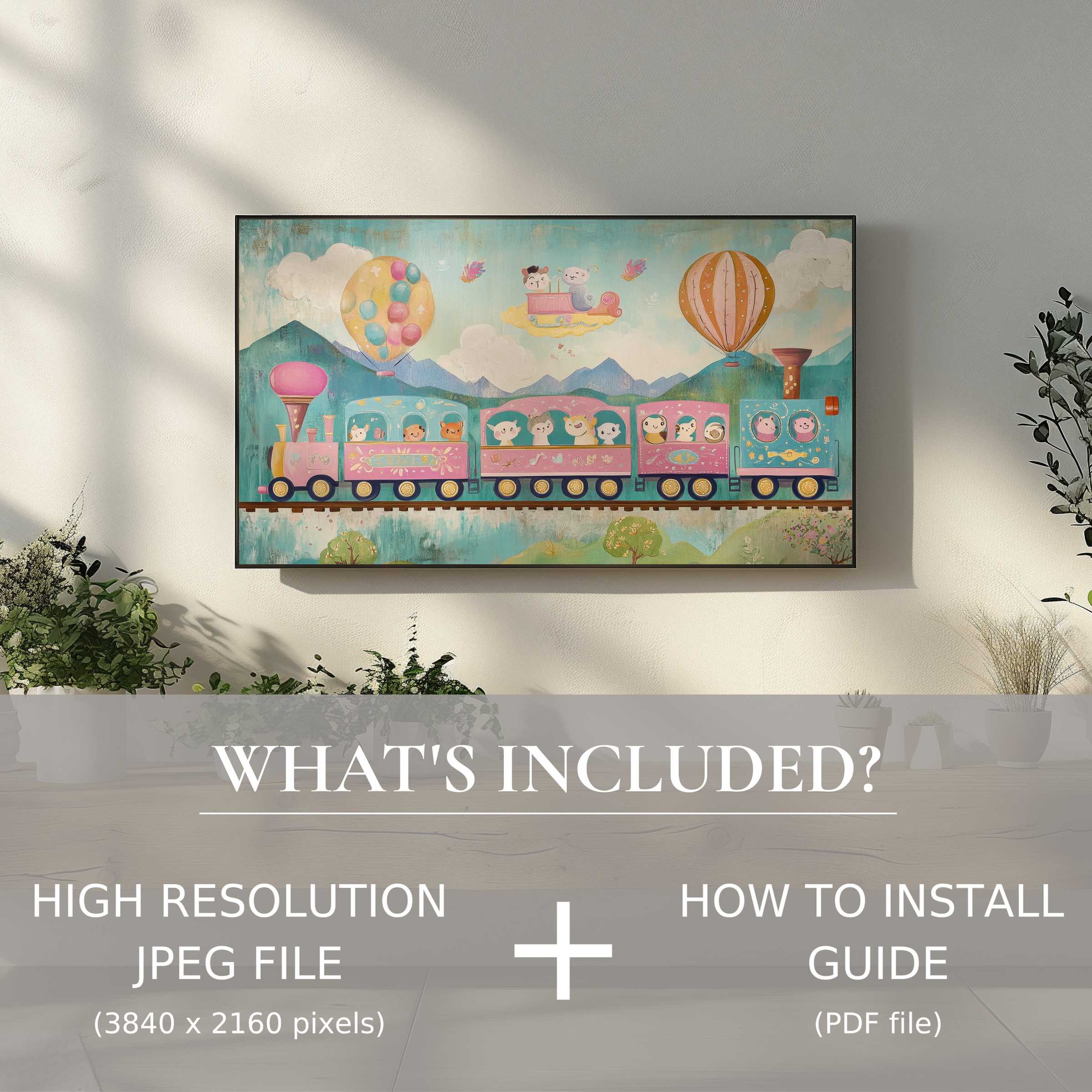 Elegant nursery digital TV art download with easy use, enhancing spaces with whimsical train and balloon design