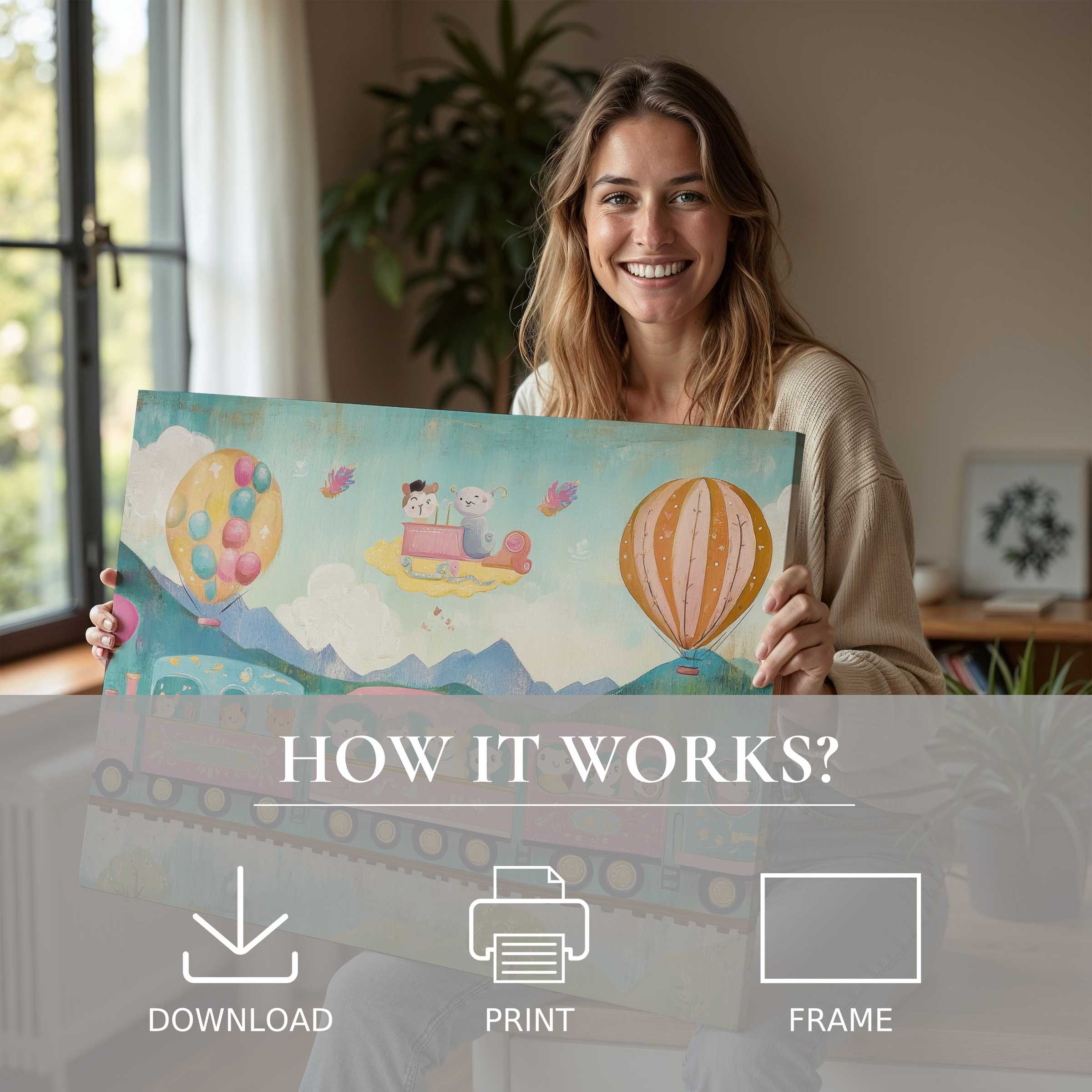 Bright nursery digital art print held by a woman in a serene modern home, evoking joy and effortless style
