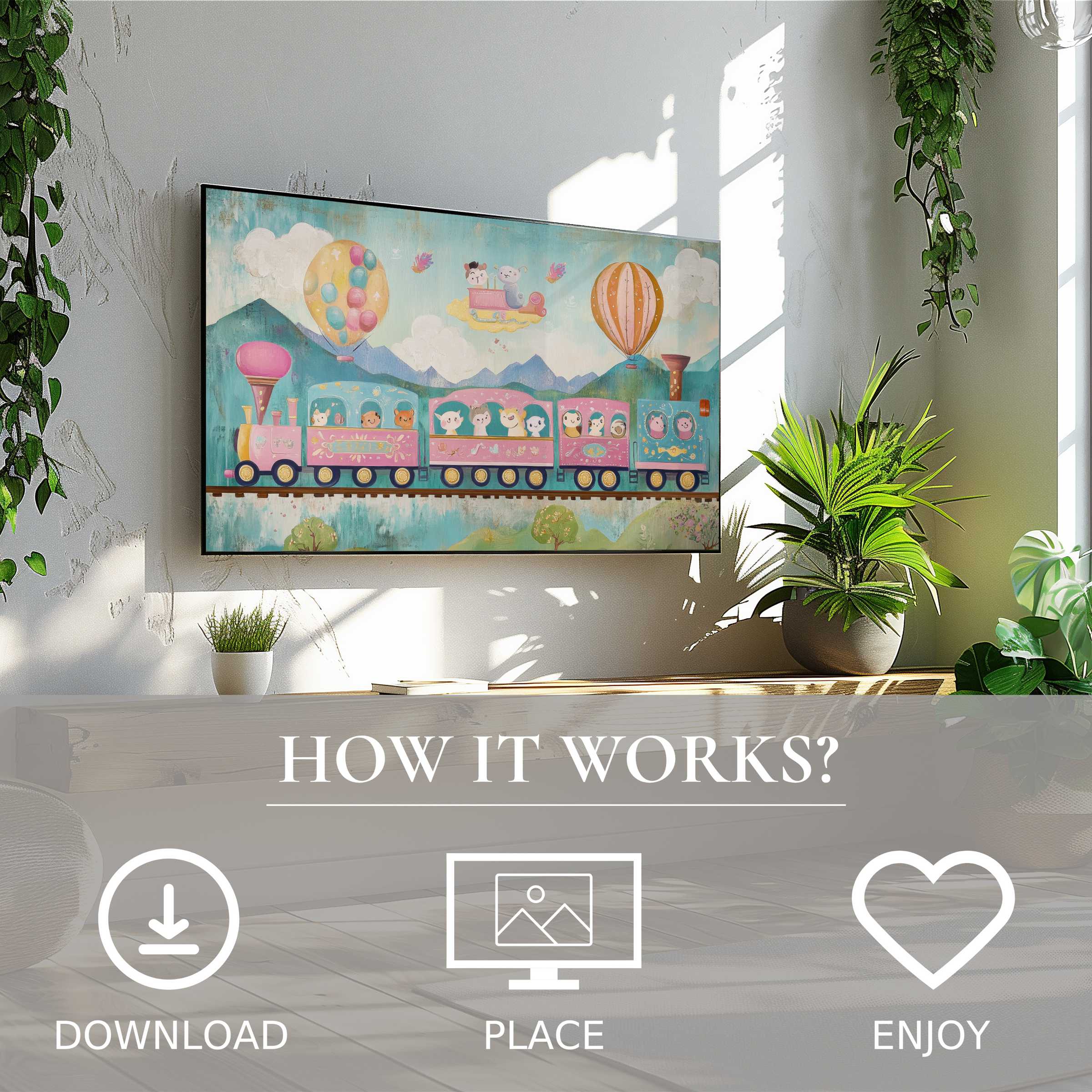 Nursery art for Samsung TV shows playful pastel train and balloons, easy digital download brightening stylish modern spaces