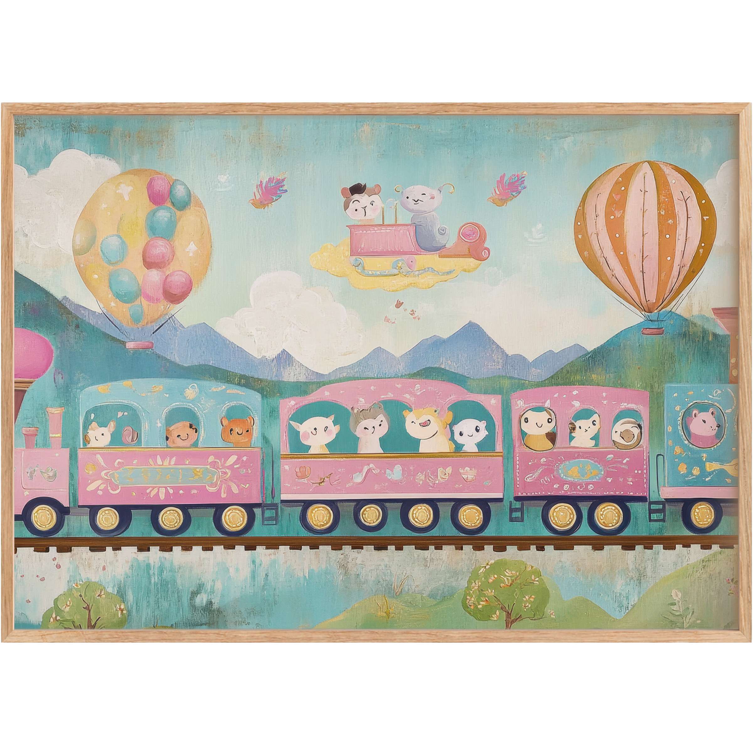 Whimsical nursery printable wall art featuring pastel trains and hot air balloons, evoking a joyful and dreamy atmosphere