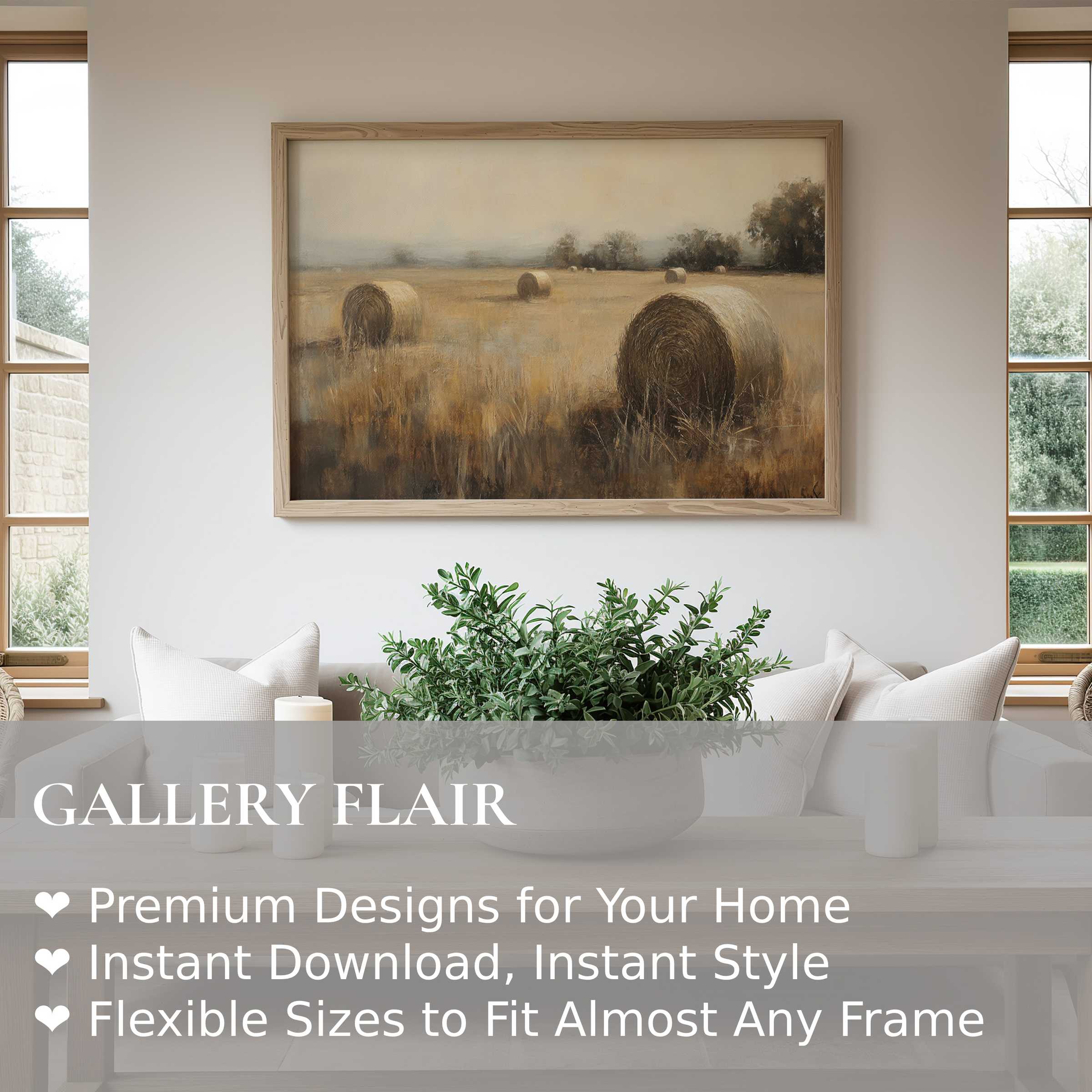 Vintage wall art print capturing a serene rural landscape with soft, muted tones; enhances modern farmhouse décor with calming warmth and natural elegance