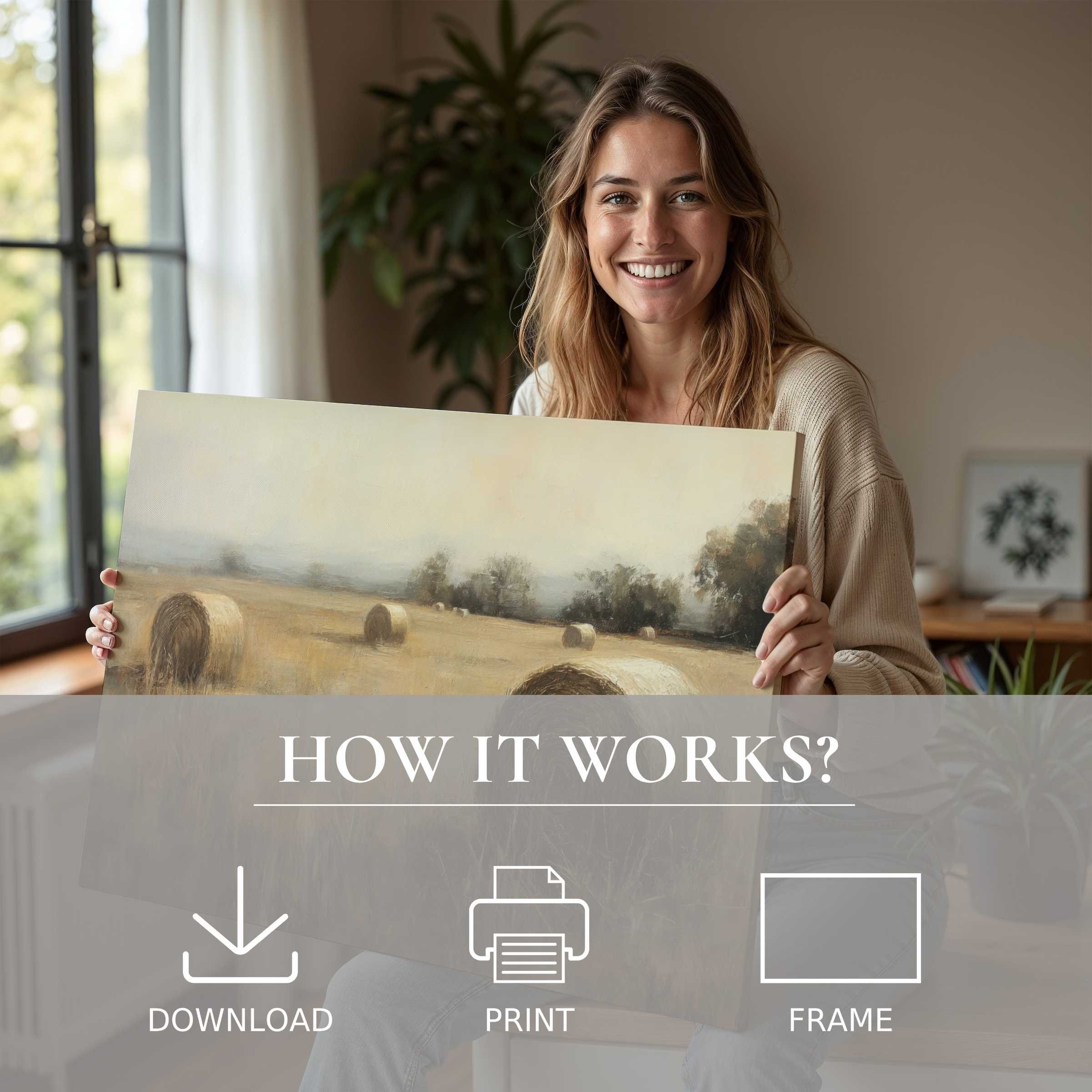 Radiating joy and calm, a woman in a chic home shares a vintage digital art print that softly transforms her space