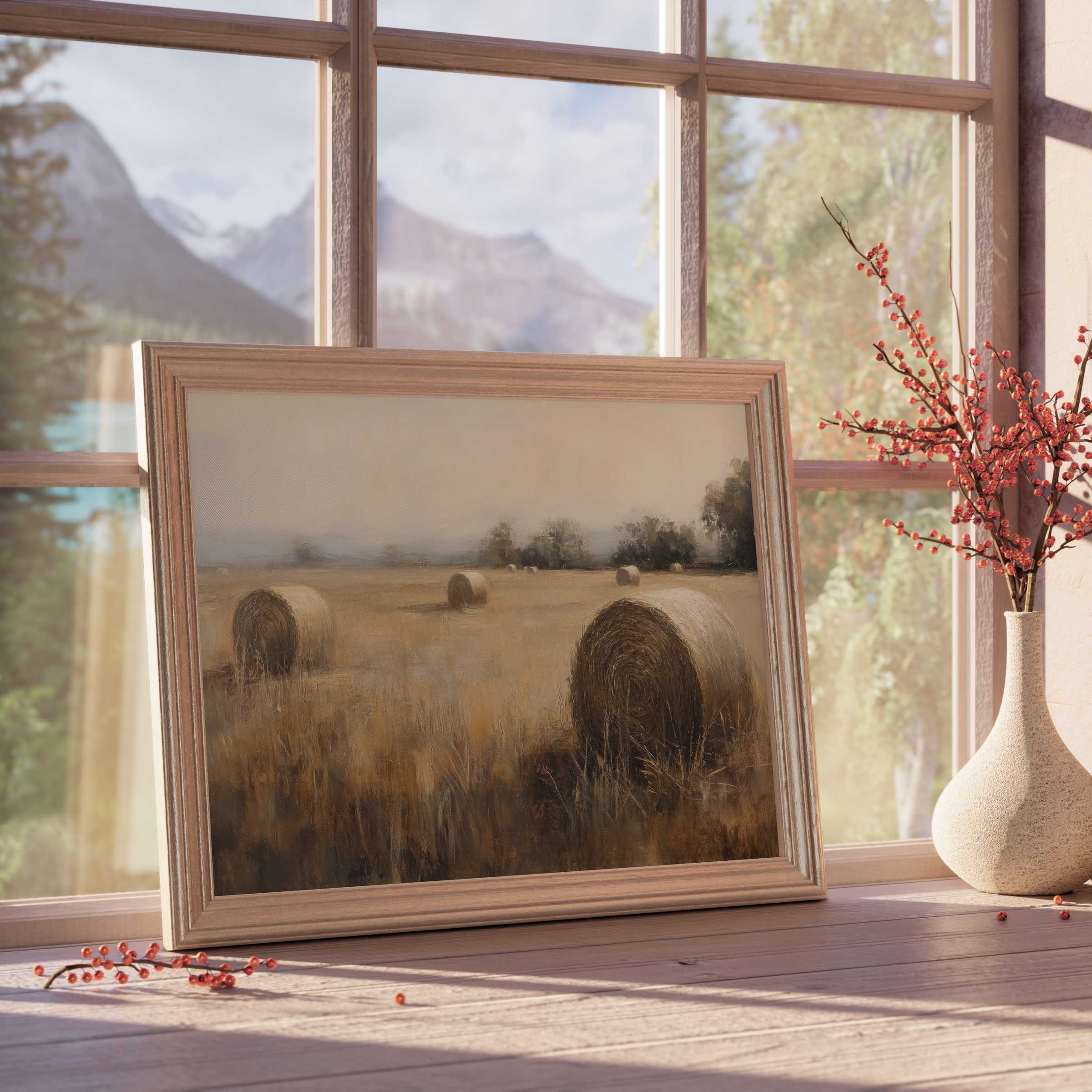 Vintage downloadable art capturing serene golden haybales in misty fields, perfect for tranquil, curated rustic interiors