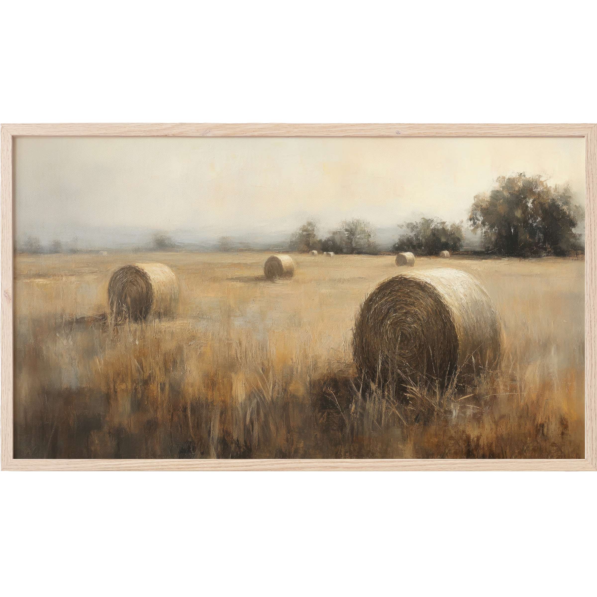 Vintage Frame TV Art depicting soft, muted hayfield landscape in warm earth tones and gentle brushstrokes