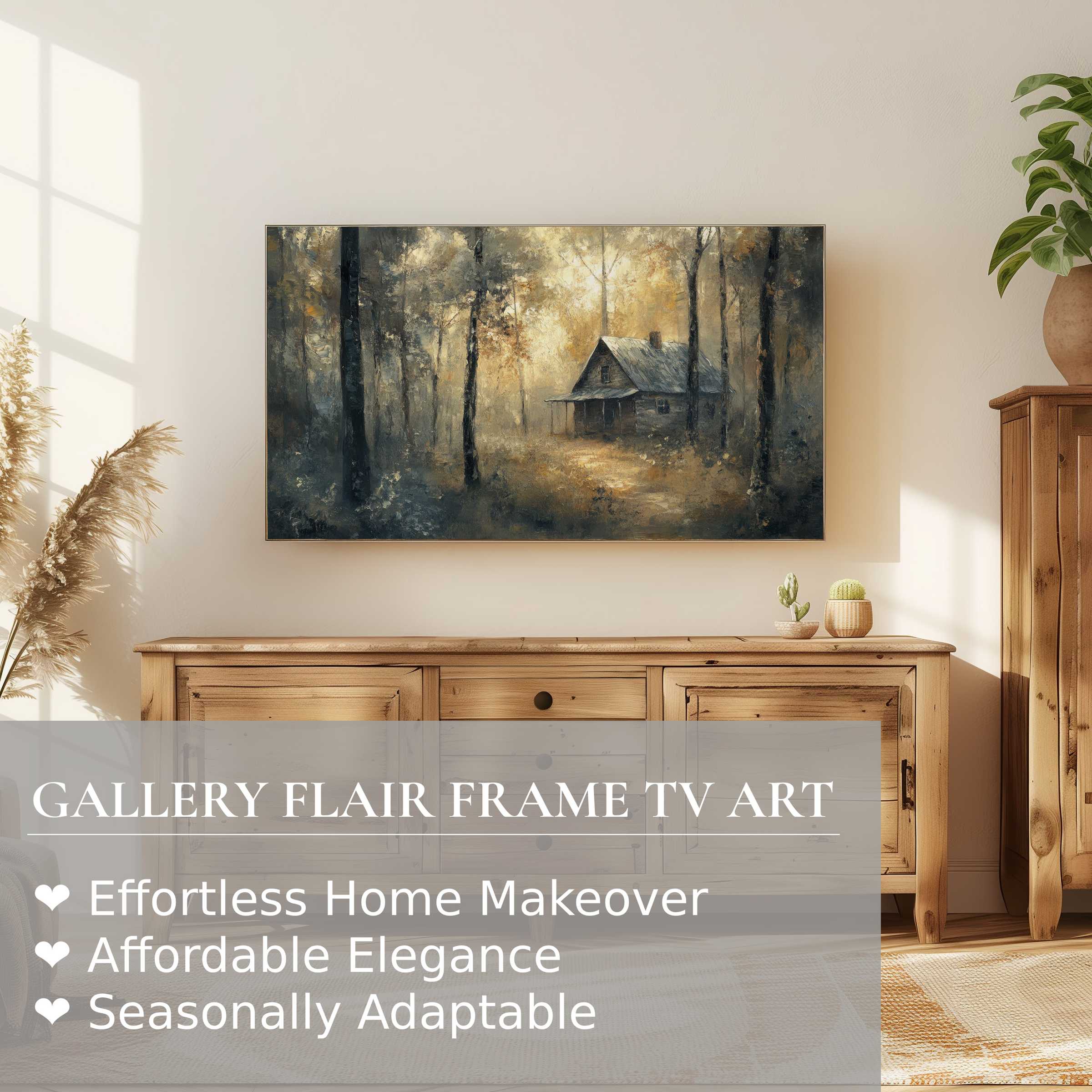 Samsung Frame TV displays a moody landscape digital artwork of a rustic cabin in an autumn forest setting