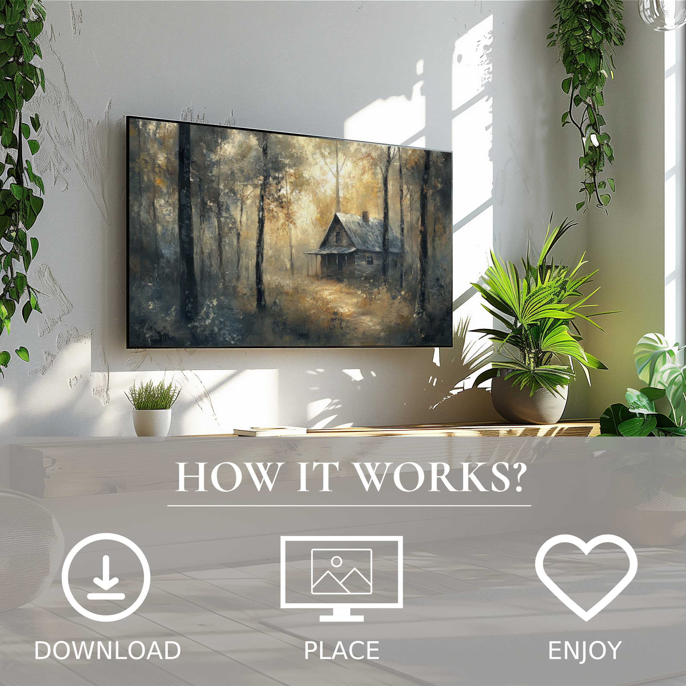 Cozy living room with plants and landscape art for Samsung TV, featuring misty forest tones, easy digital download