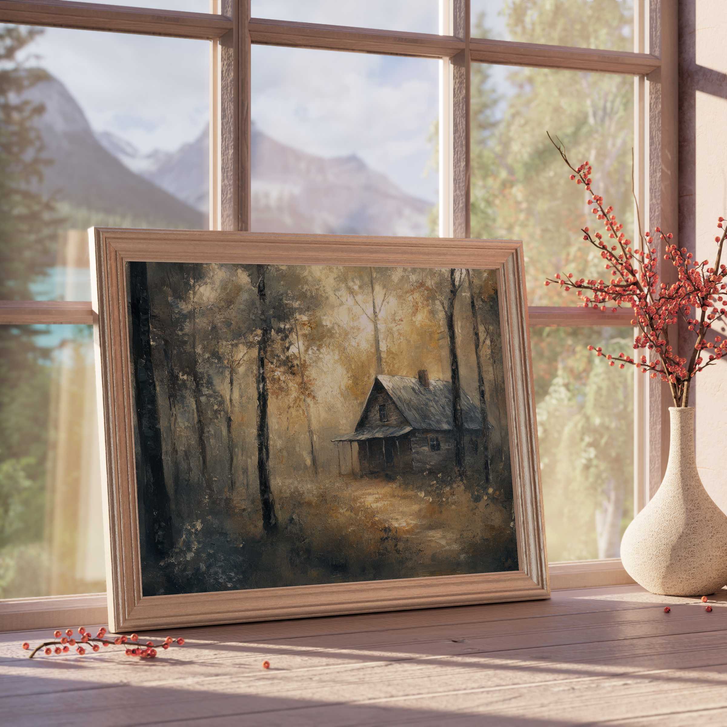 Rustic landscape downloadable art capturing a tranquil forest cabin at dusk, perfect for curated, serene interiors