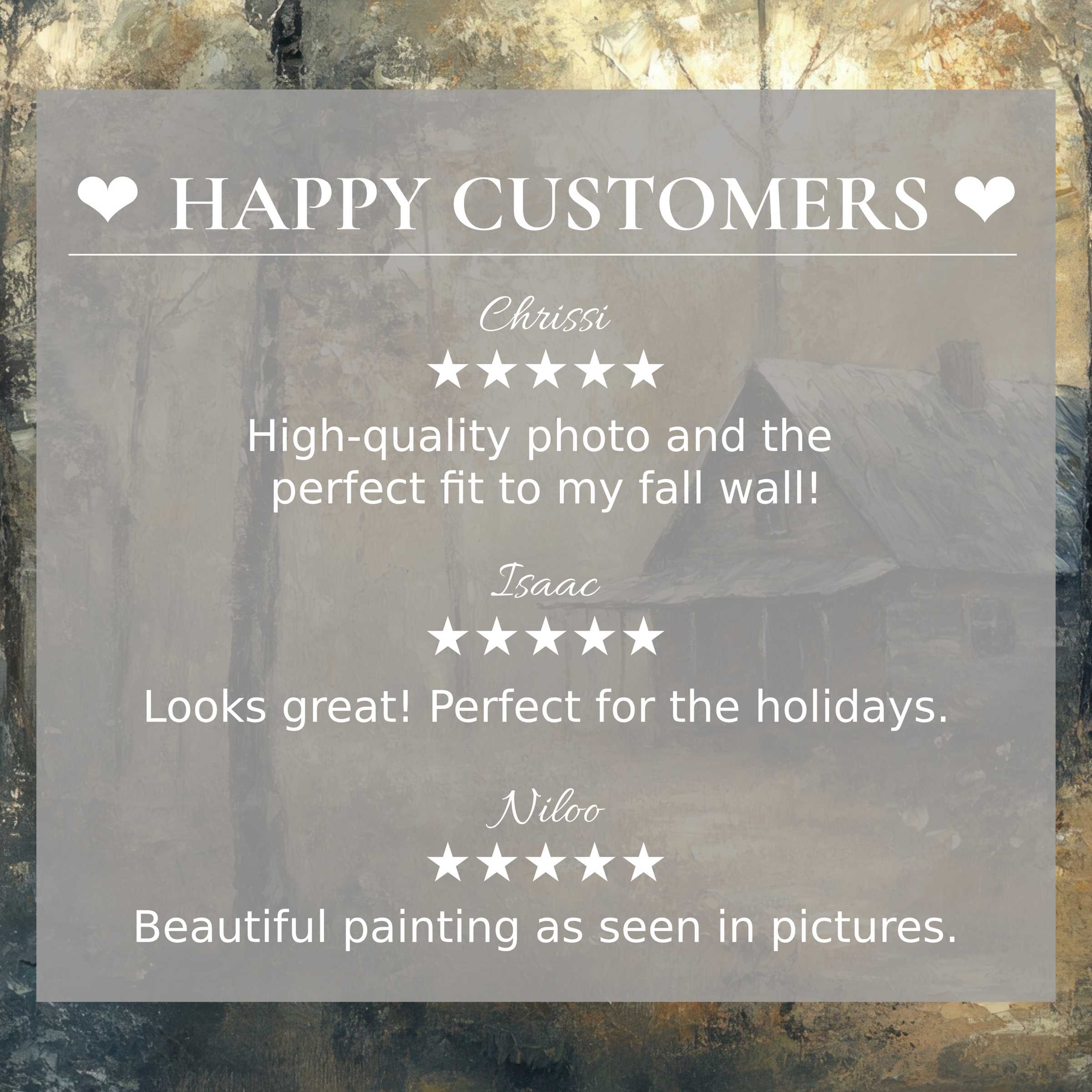 Elegant landscape art for Frame TV with rustic cabin backdrop and glowing tones; happy customer reviews build trust