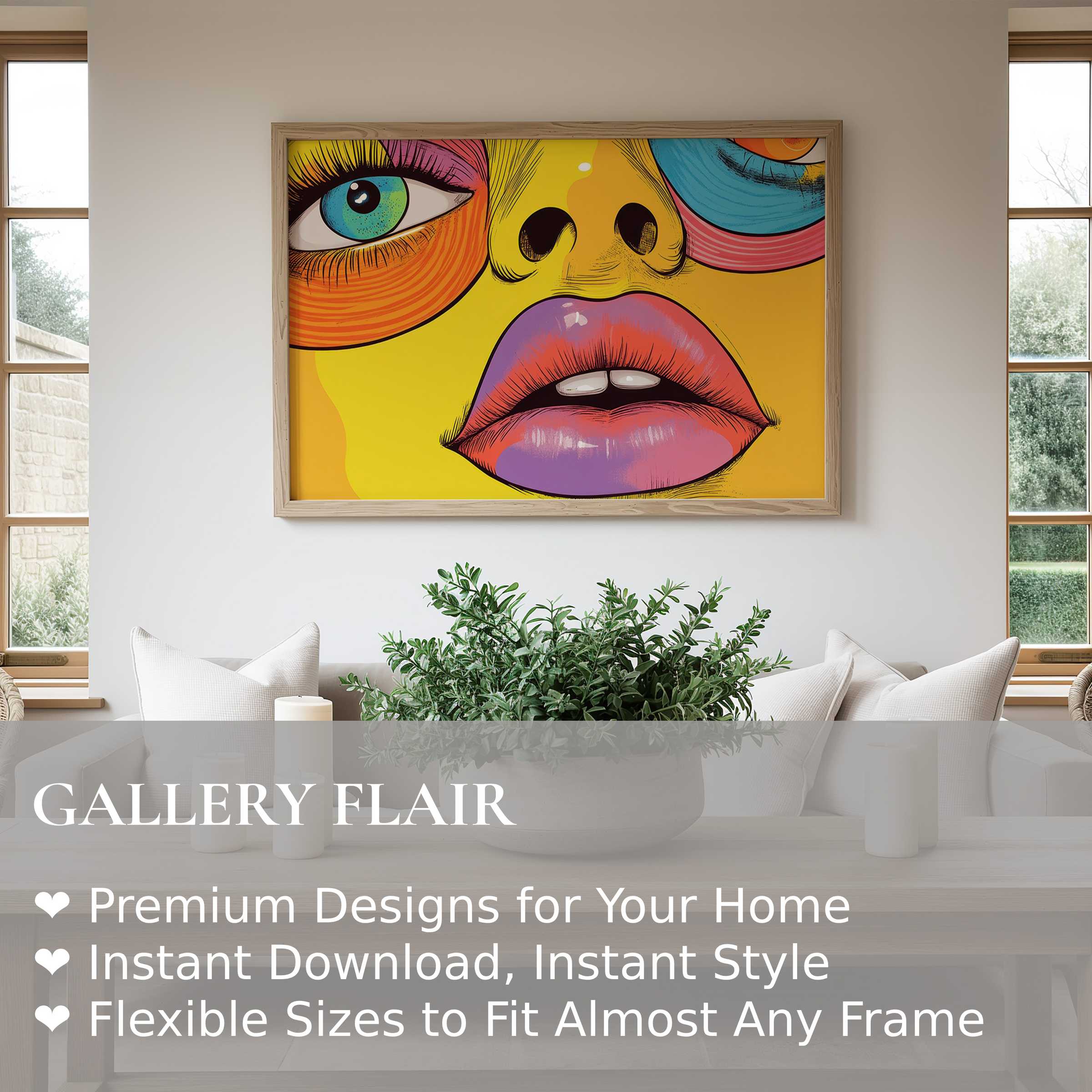 Vibrant pop art wall art print featuring bold facial close-up in radiant, modern colors, elevating minimalist living spaces with energetic urban chic