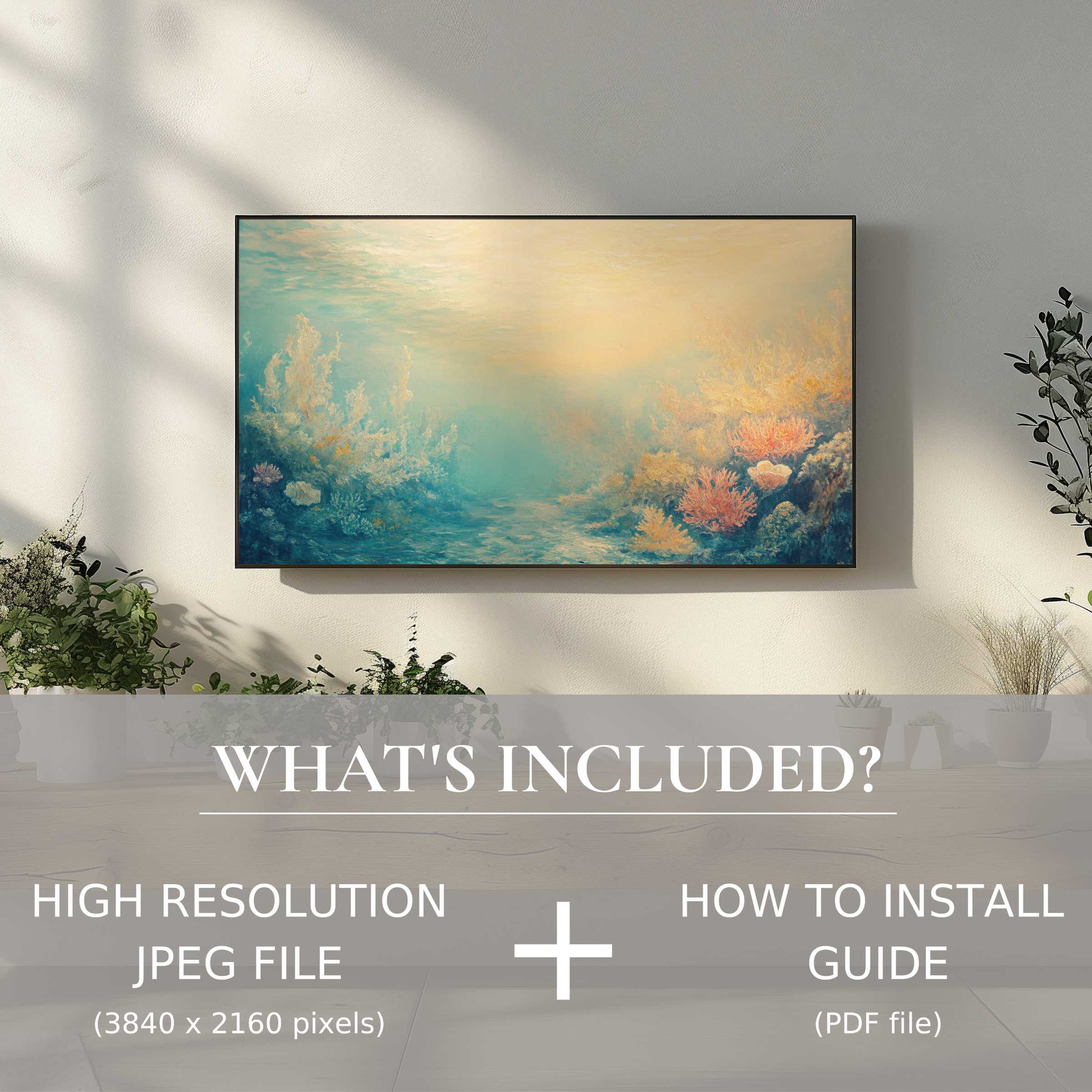 Elegant summer digital TV art download featuring serene coral reef, enhancing living spaces with easy digital installation