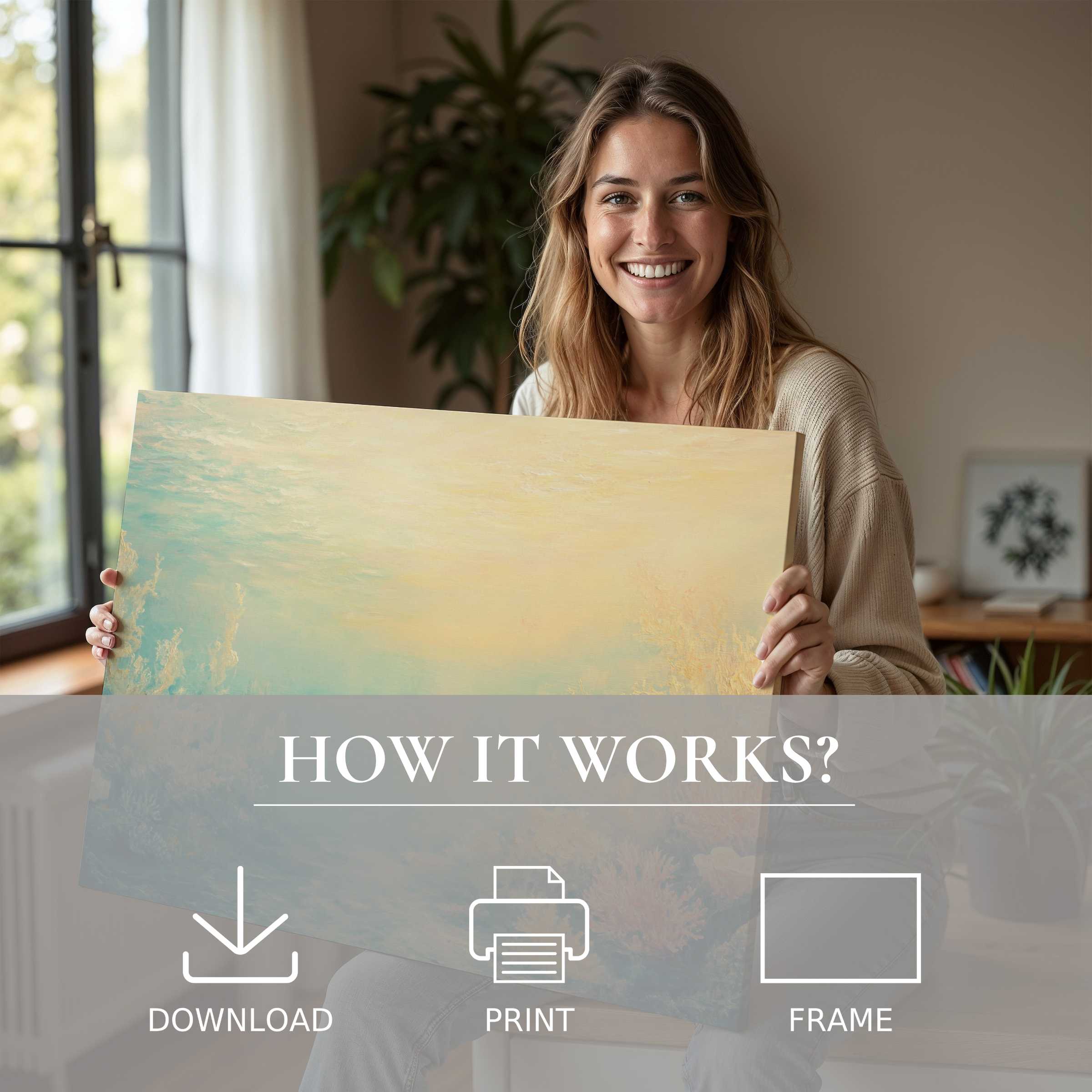 Radiant summer digital art print embraced in a chic, sunlit home, inviting warmth and effortless elegance to living spaces