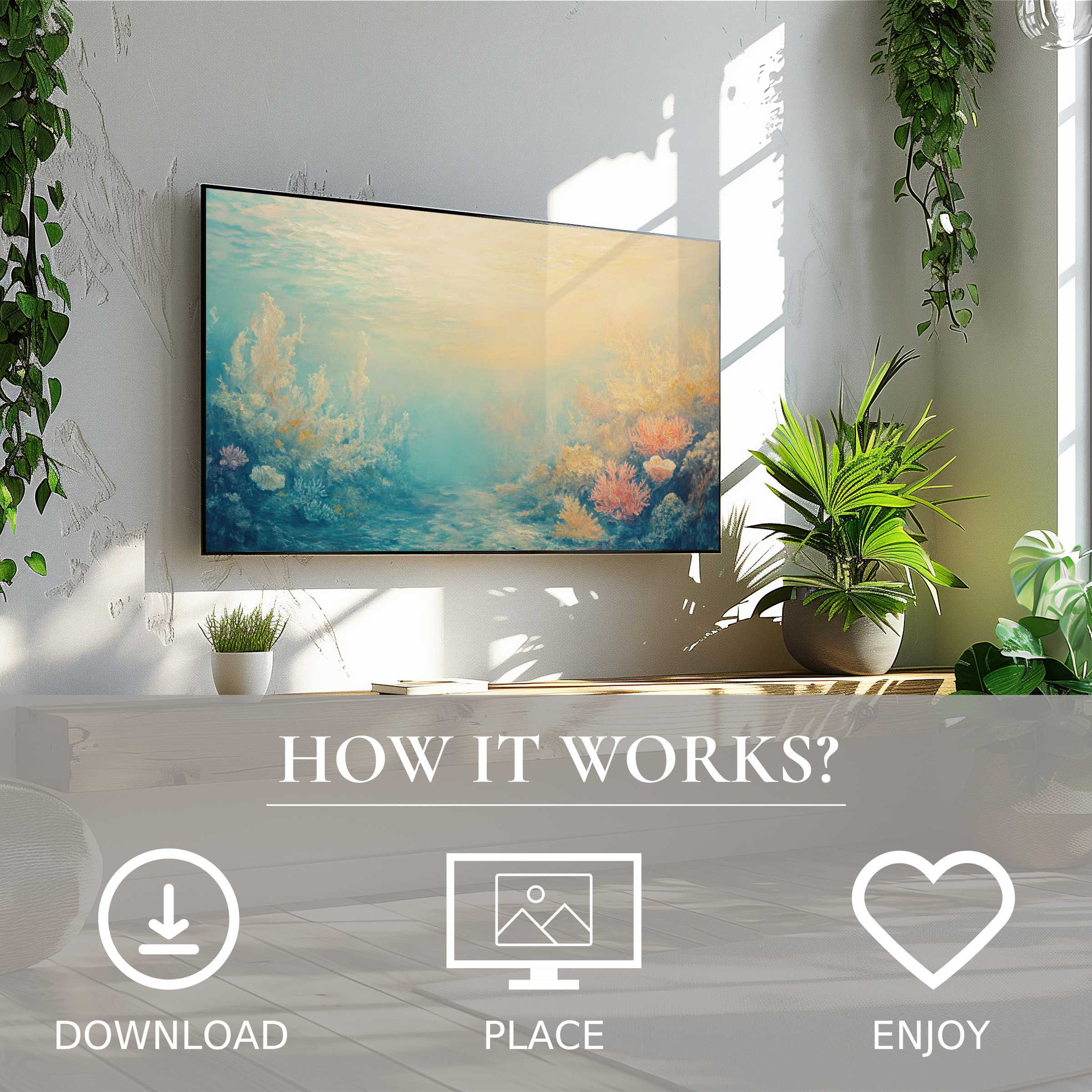 Summer art for Samsung TV: serene underwater scene with soft sunset tones, easy digital download enriches modern living space