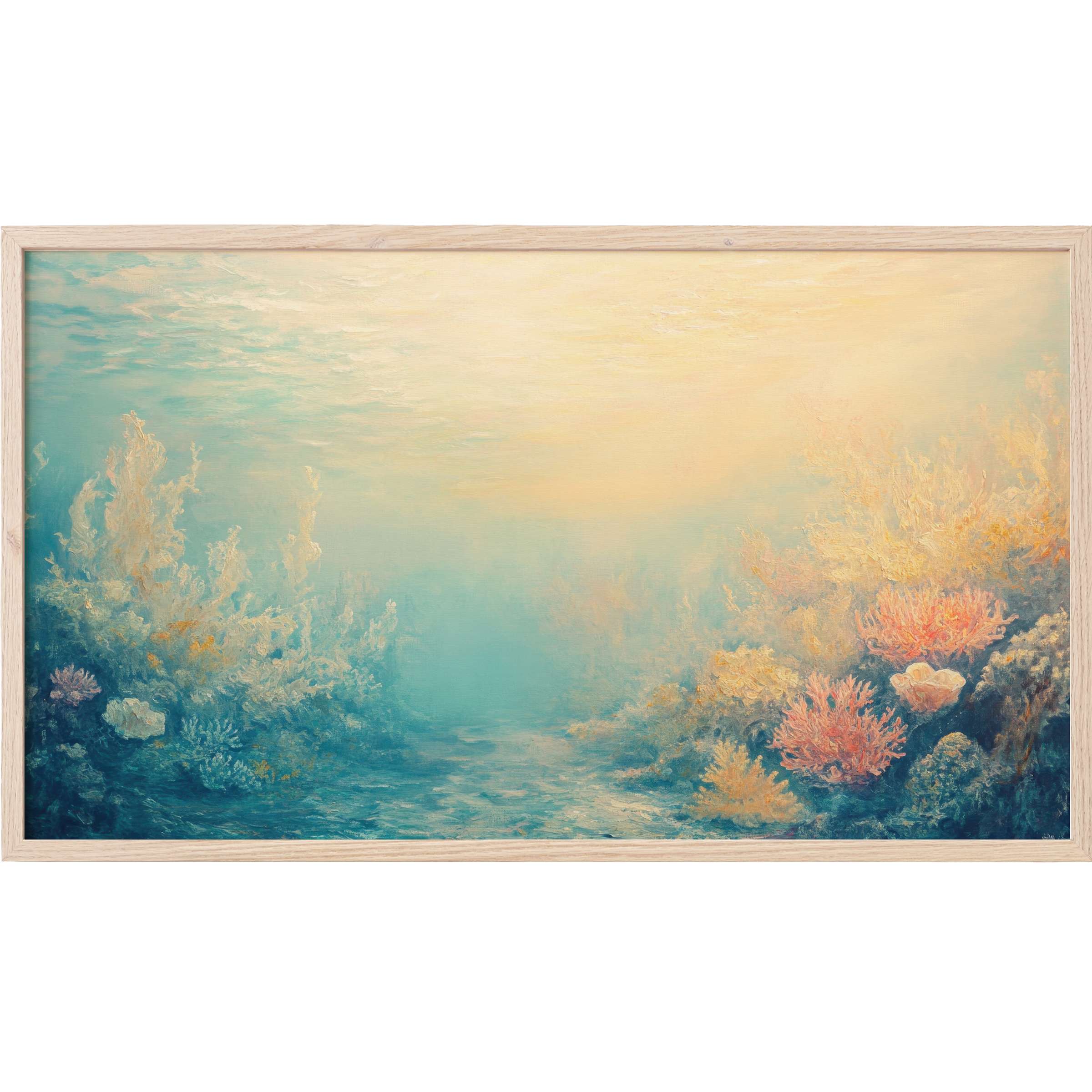 Tranquil underwater scene with soft blues and warm coral hues, perfect summer Frame TV Art for serene interiors