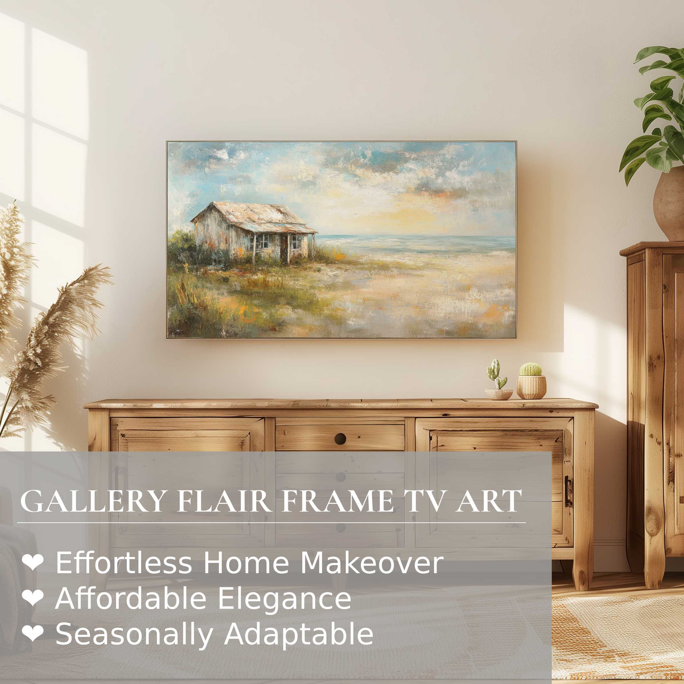 Samsung Frame TV showcasing coastal digital artwork in a serene, elegant living room with warm wood accents