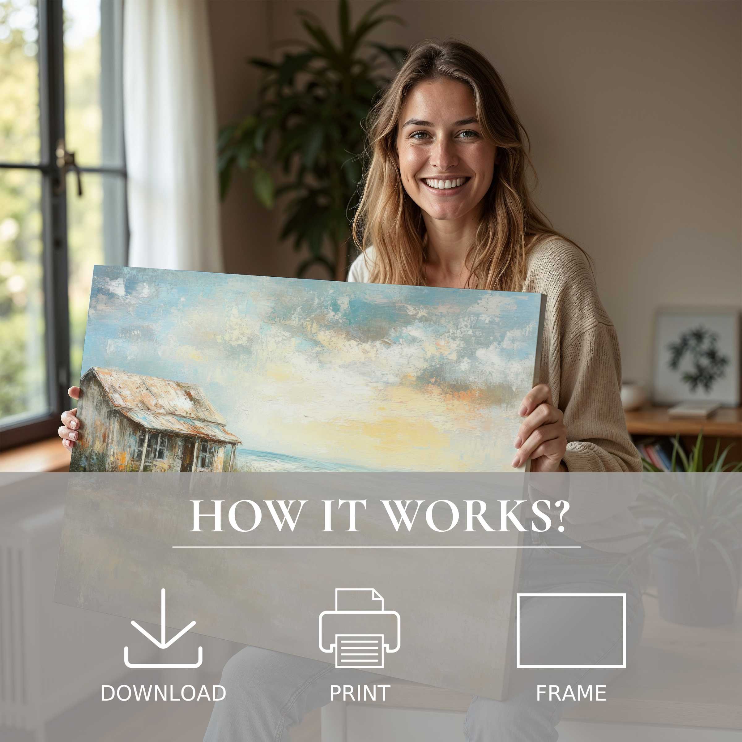 Radiant coastal digital art print embraced in a modern home, inspiring serene joy and effortless elegance in curated living