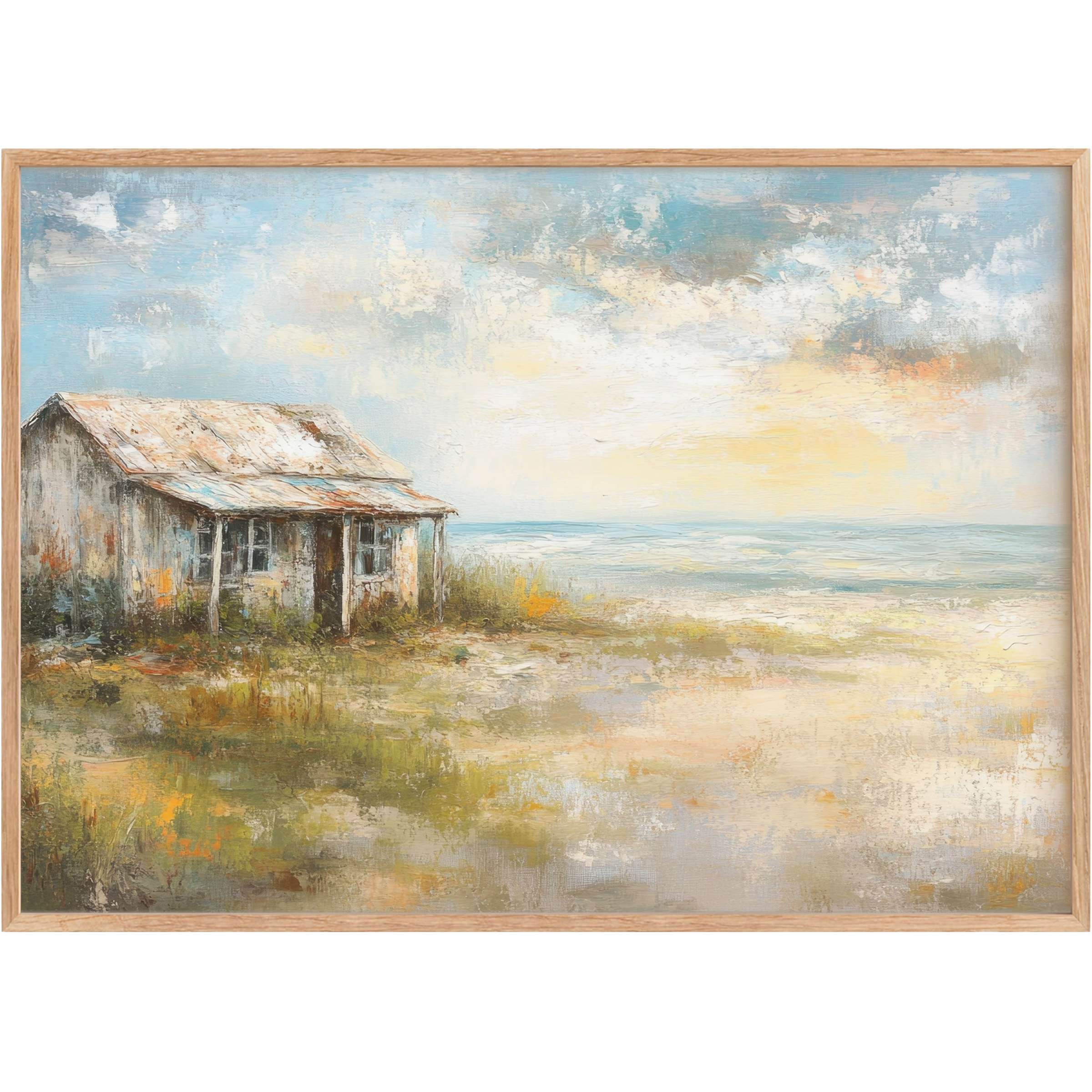 Coastal printable wall art capturing a serene, sunlit shore with soft blues, warm golds, and rustic charm for tranquil elegance