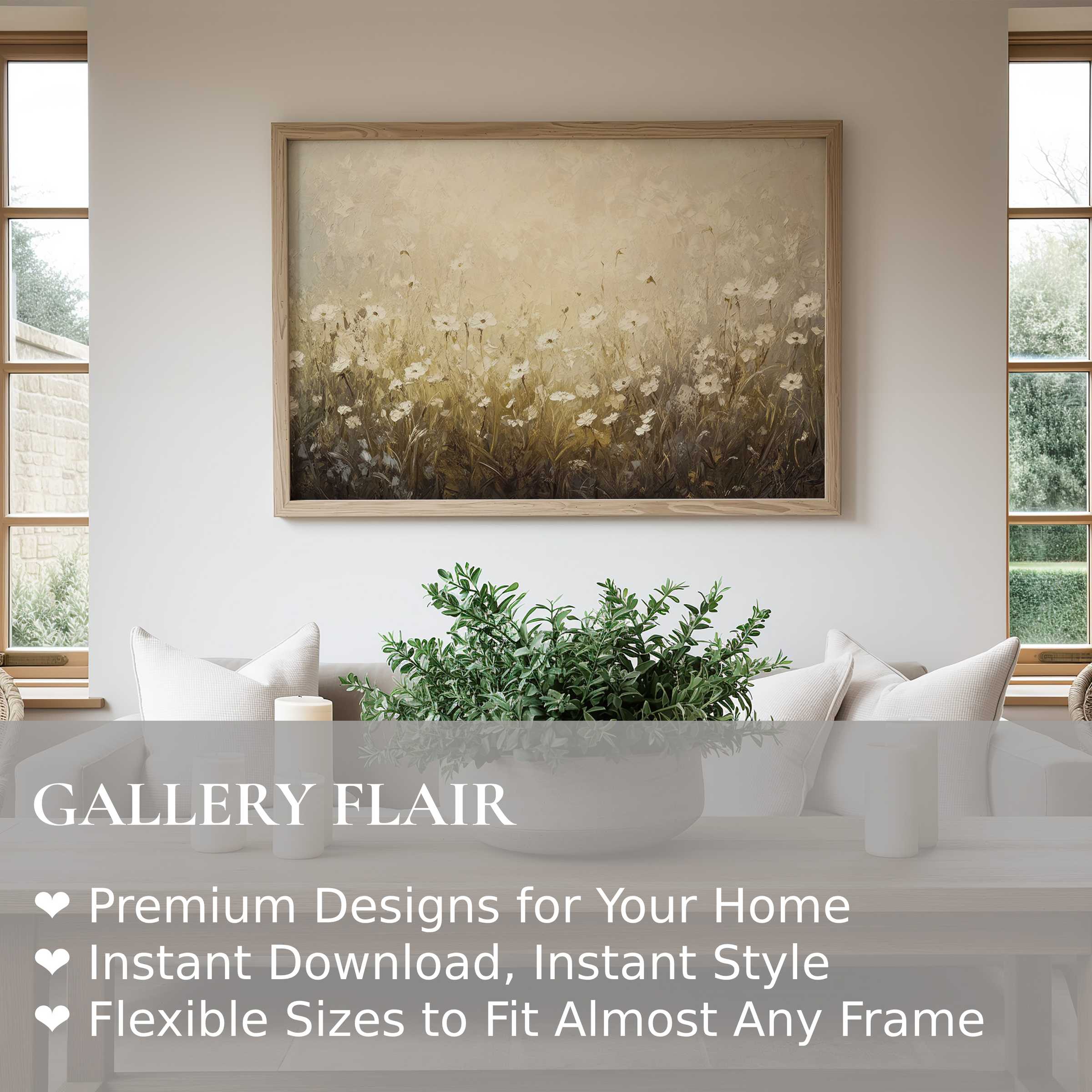 Elegant spring wall art print with soft wildflowers in muted tones, enhancing modern minimalist interiors with a calming, natural ambiance
