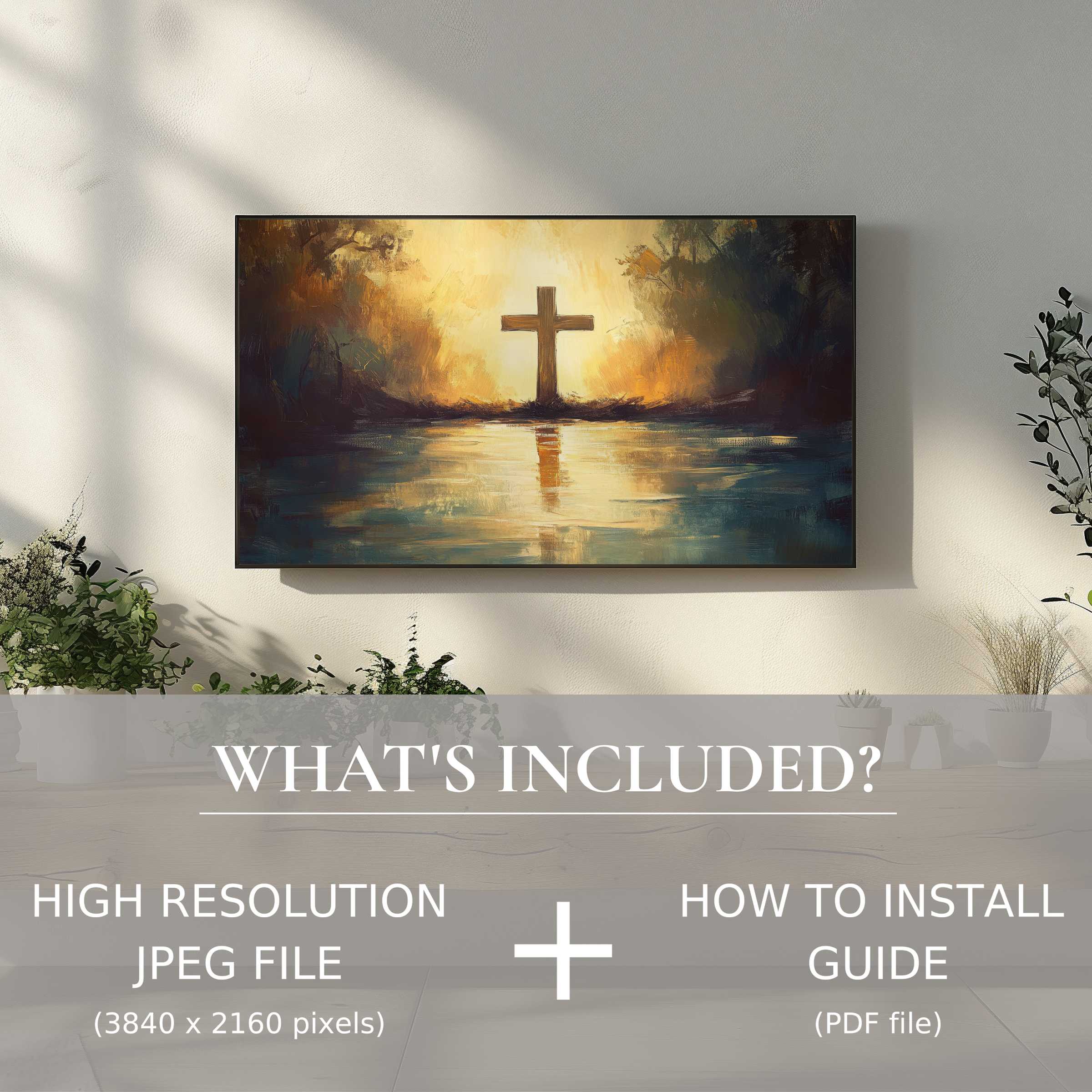 Elegant living room with easter digital TV art download enhancing space, easy digital use, warm cross reflection