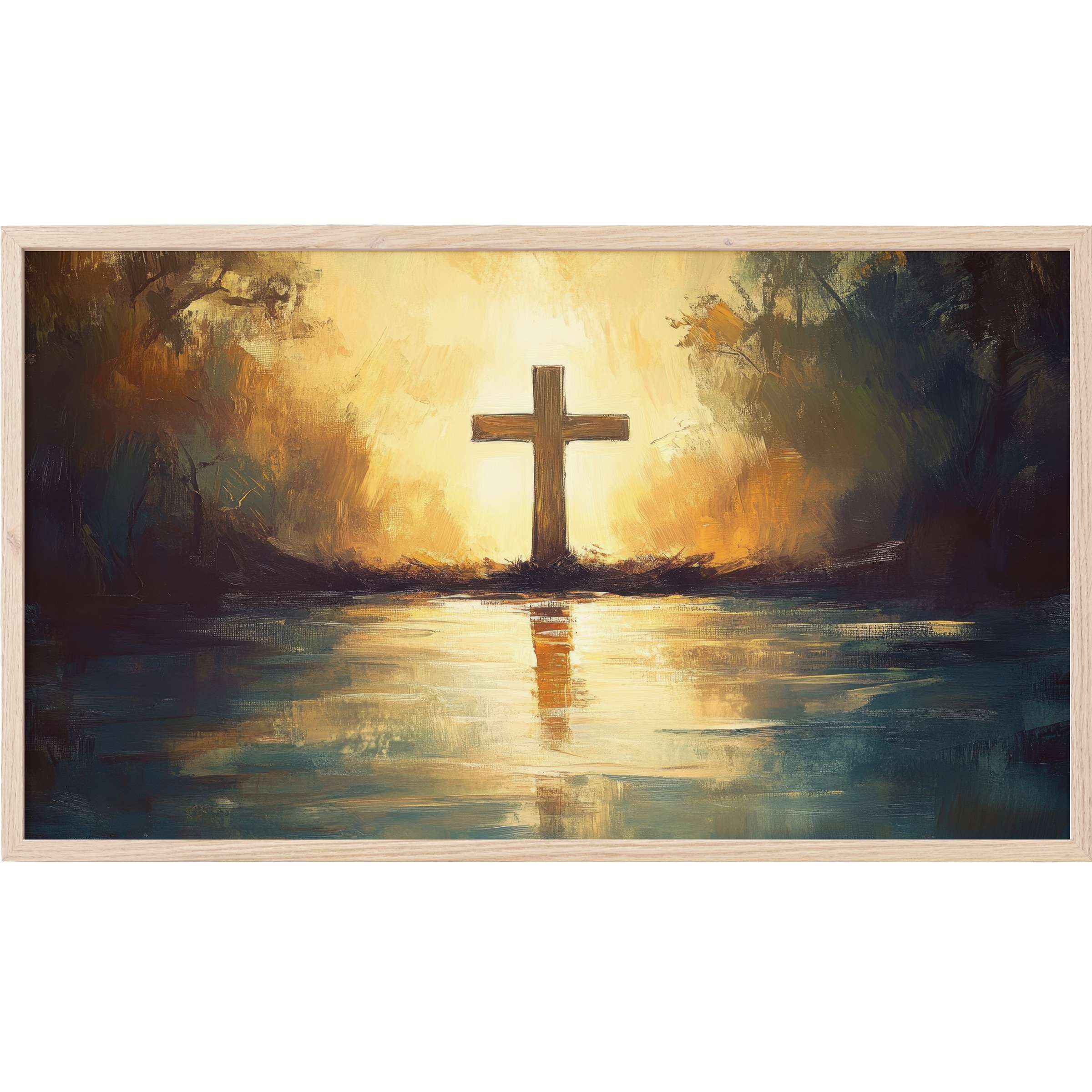 Easter Frame TV Art with a glowing cross reflected in water, warm golds and deep blues in a modern, painterly style