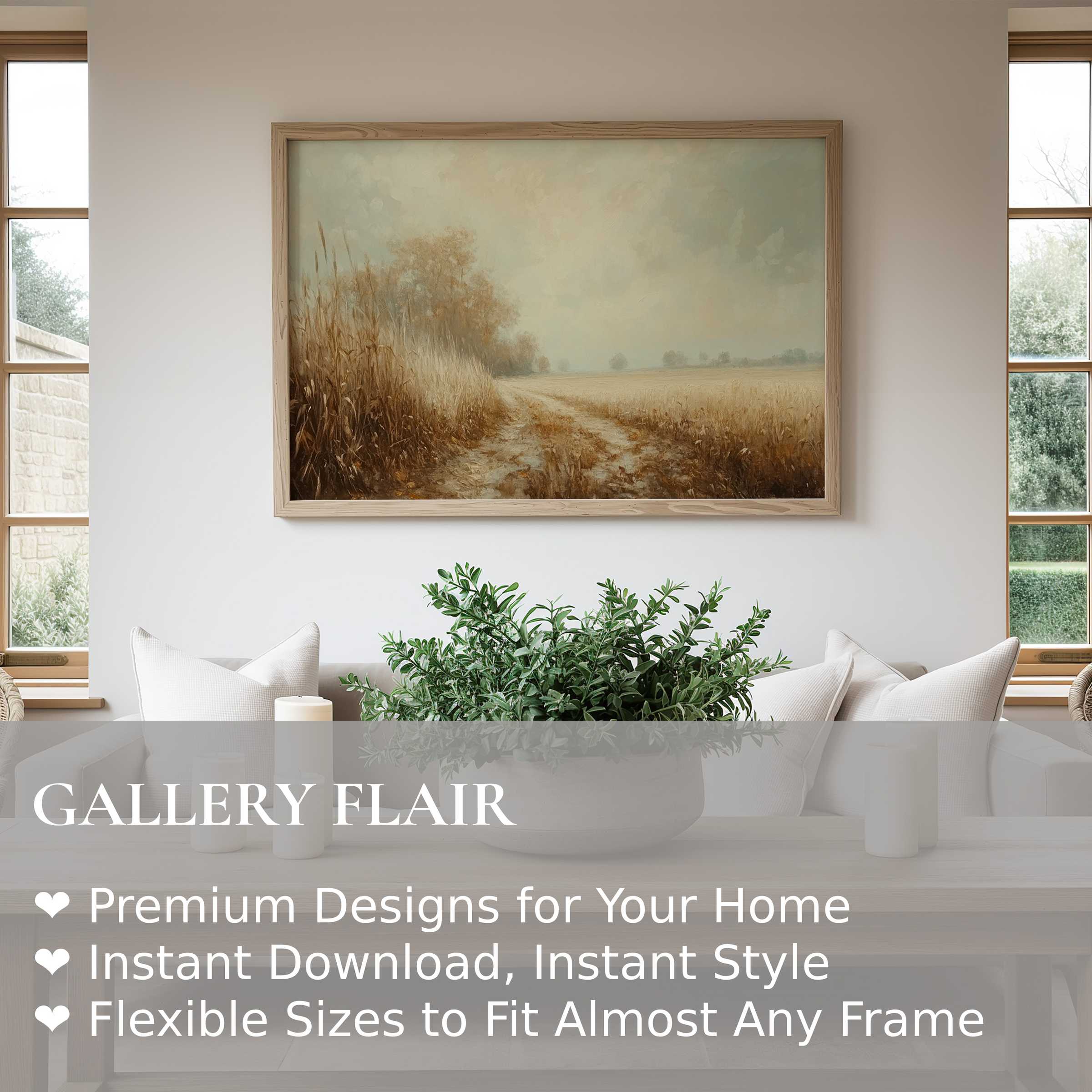 Fall wall art print featuring a serene rustic landscape in warm earth tones, enhancing modern farmhouse elegance with calming, natural charm