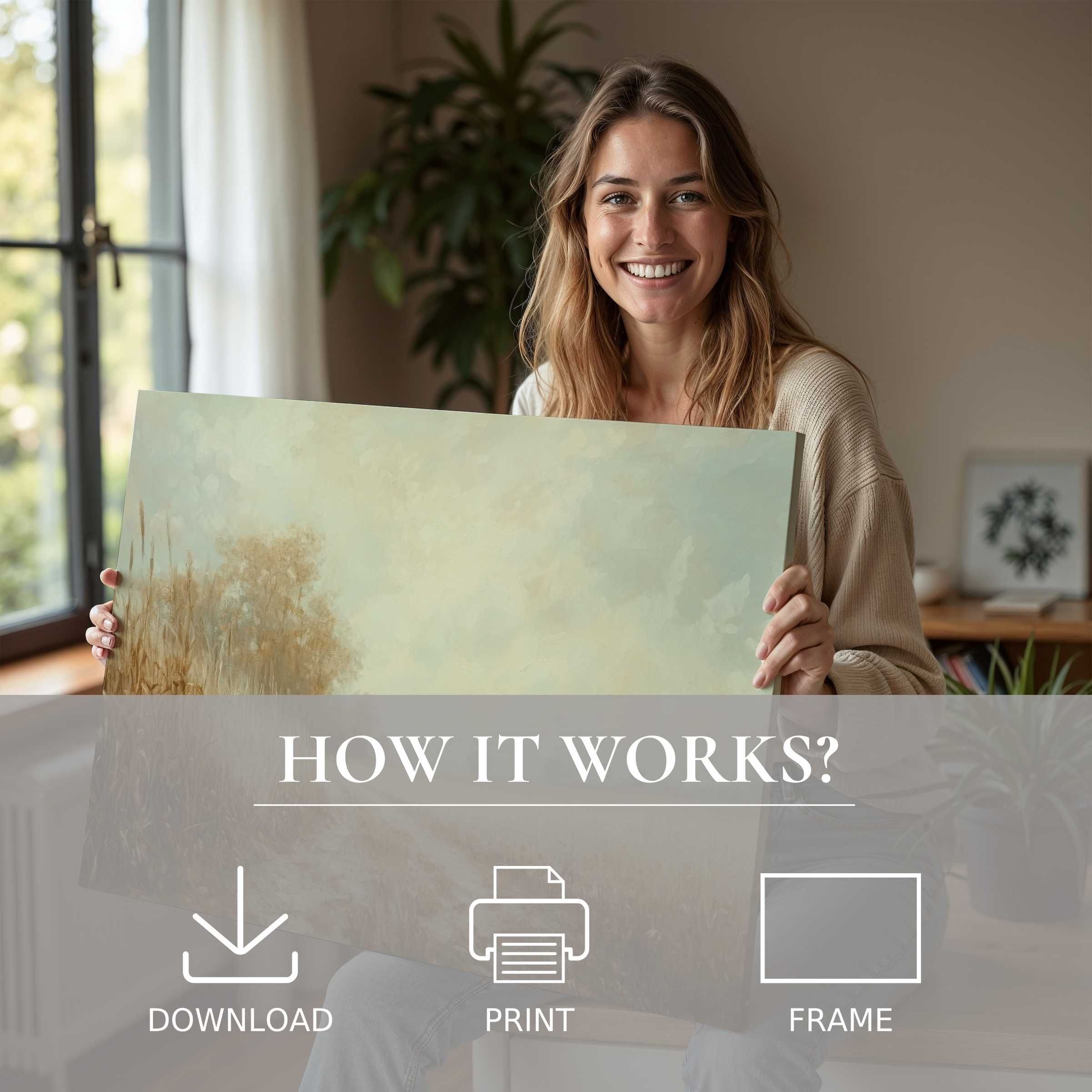 Woman radiates joy in a sunlit room, embracing a serene fall digital art print that enriches modern home warmth
