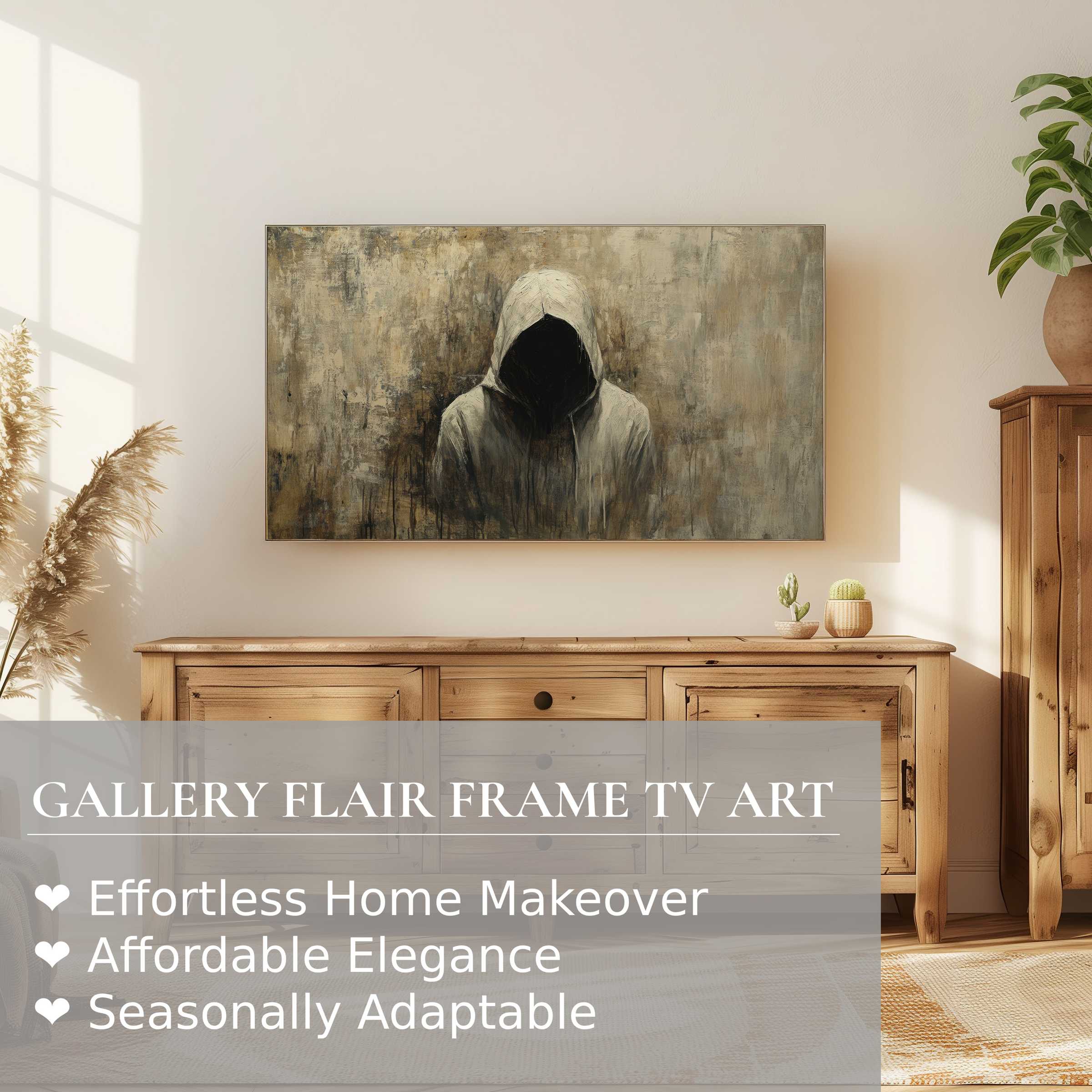 Moody halloween digital artwork with hooded figure on Samsung Frame TV in stylish, warm natural wood living room