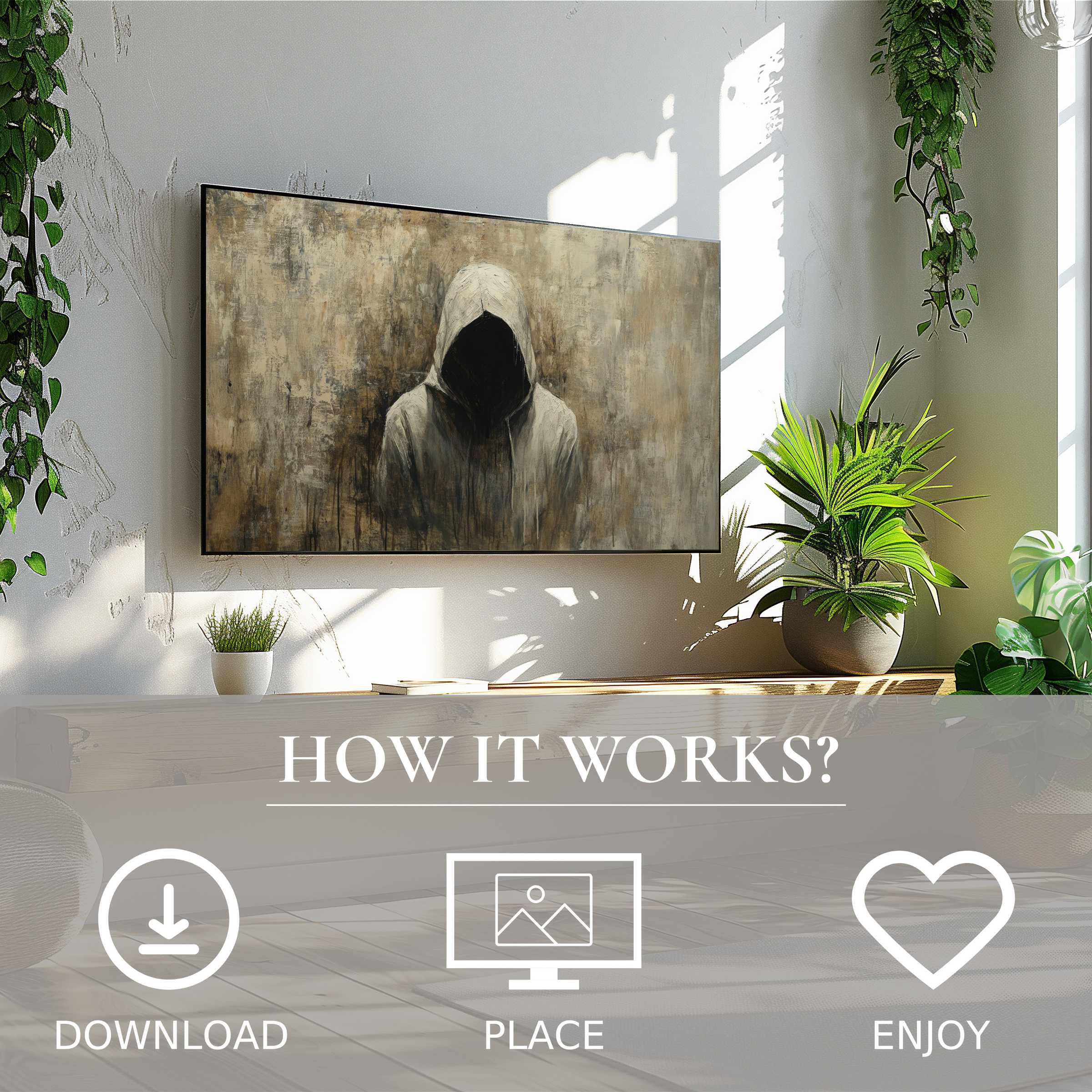 Halloween art for Samsung TV shows dark hooded figure motif; simple digital download enriches modern, plant-filled living space