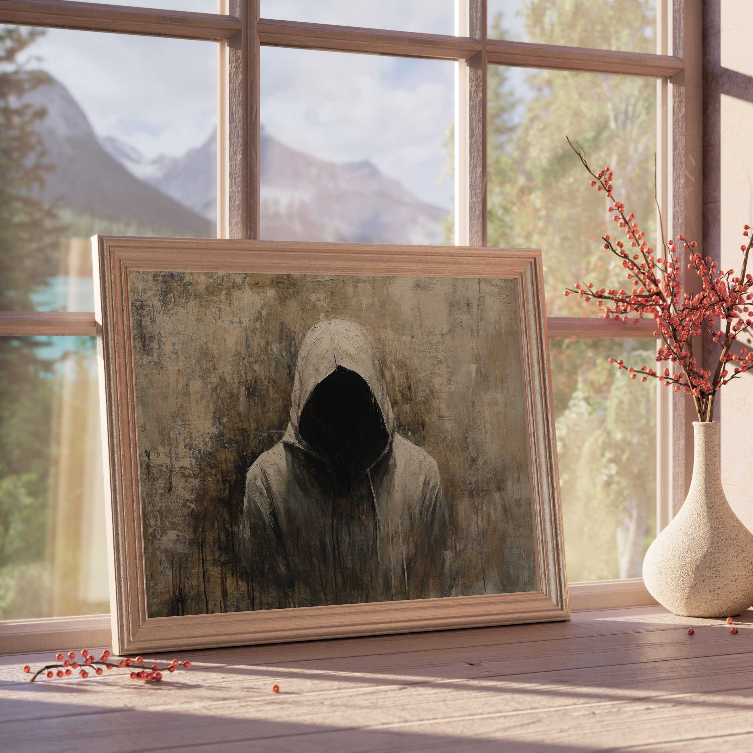 Halloween downloadable art featuring a mysterious hooded figure, adding moody elegance to curated, tranquil interiors