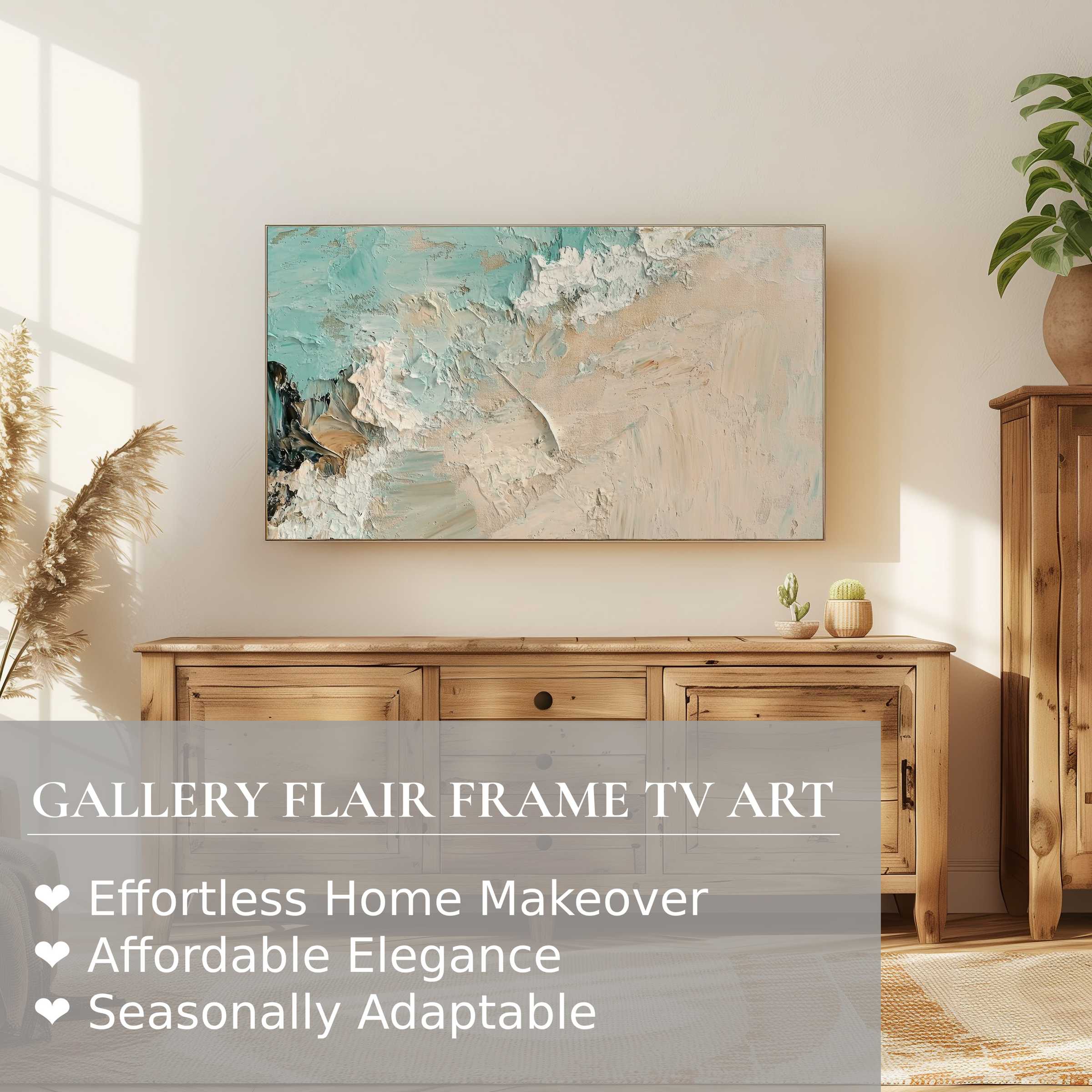 Samsung Frame TV showcasing textured beach digital artwork, blending modern elegance and serene coastal charm