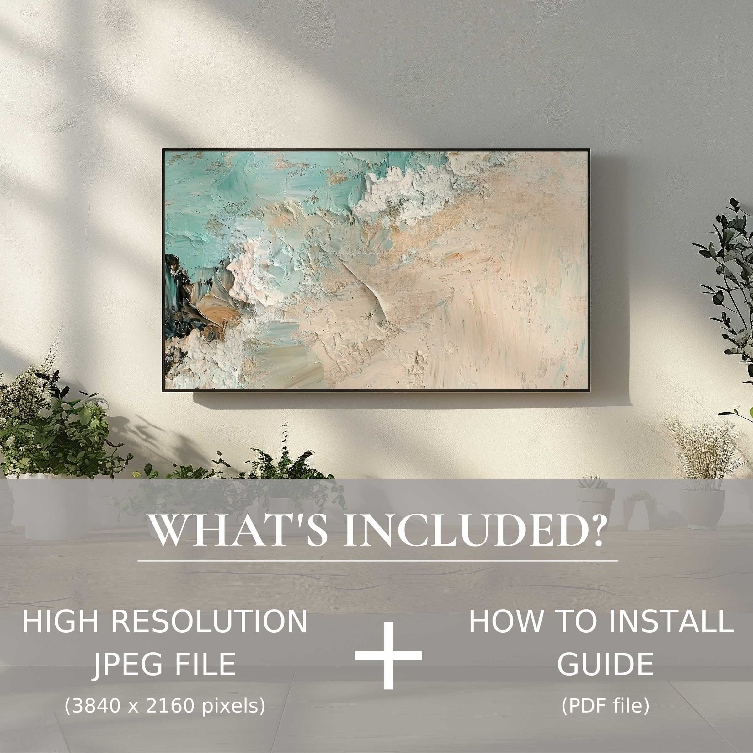 Elegant beach digital TV art download elevates living space with effortless digital use and serene coastal hues